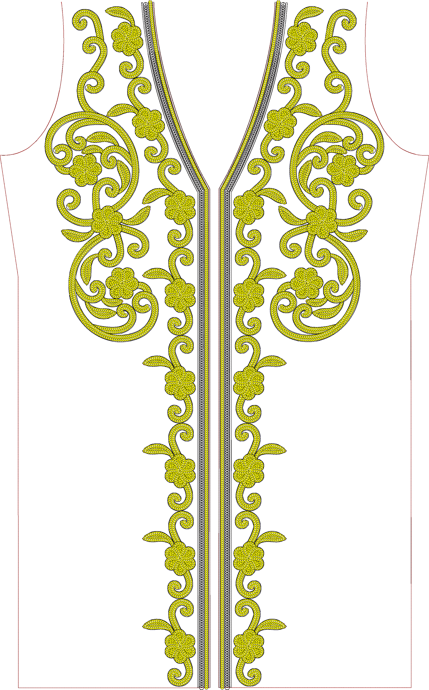 Embroidery design: A symmetrical neckline embroidery design with yellow floral and scrollwork motifs, bordered by thin black and white stri