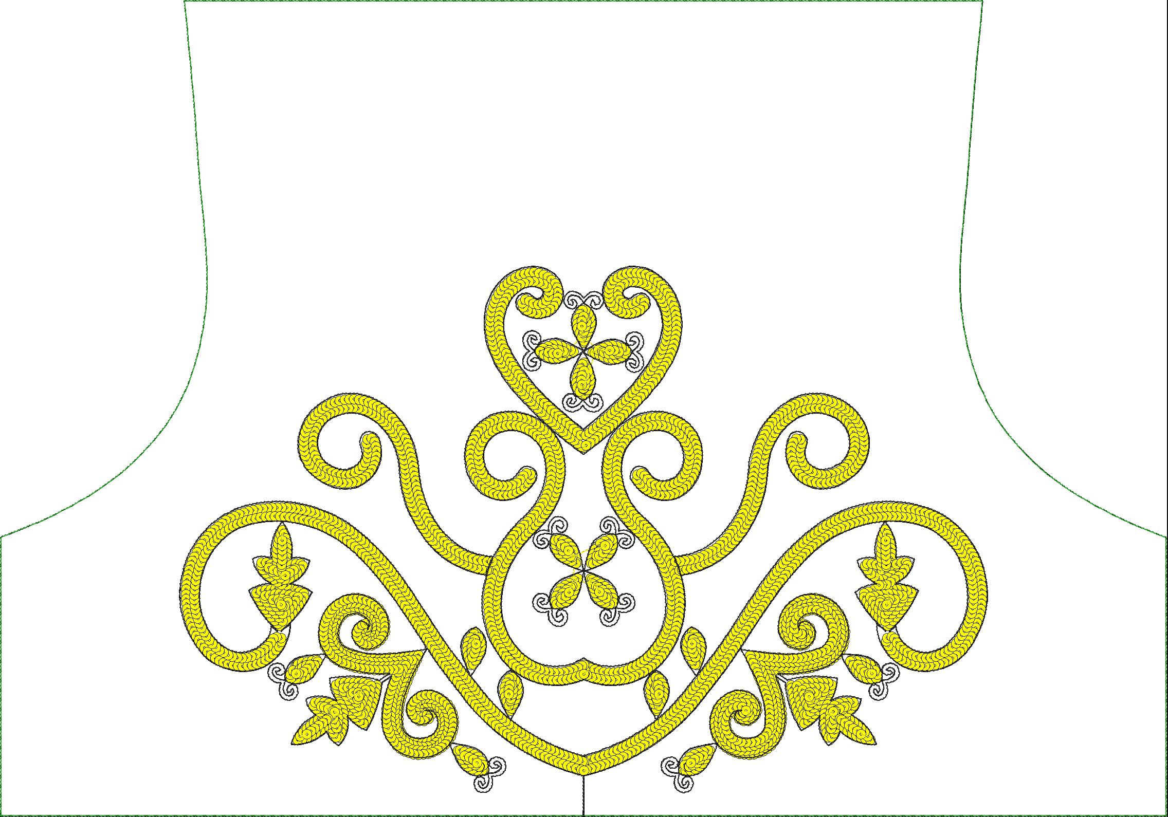 Embroidery design: A yellow and black symmetrical ornamental embroidery design featuring intricate scrollwork with floral and leaf motifs.