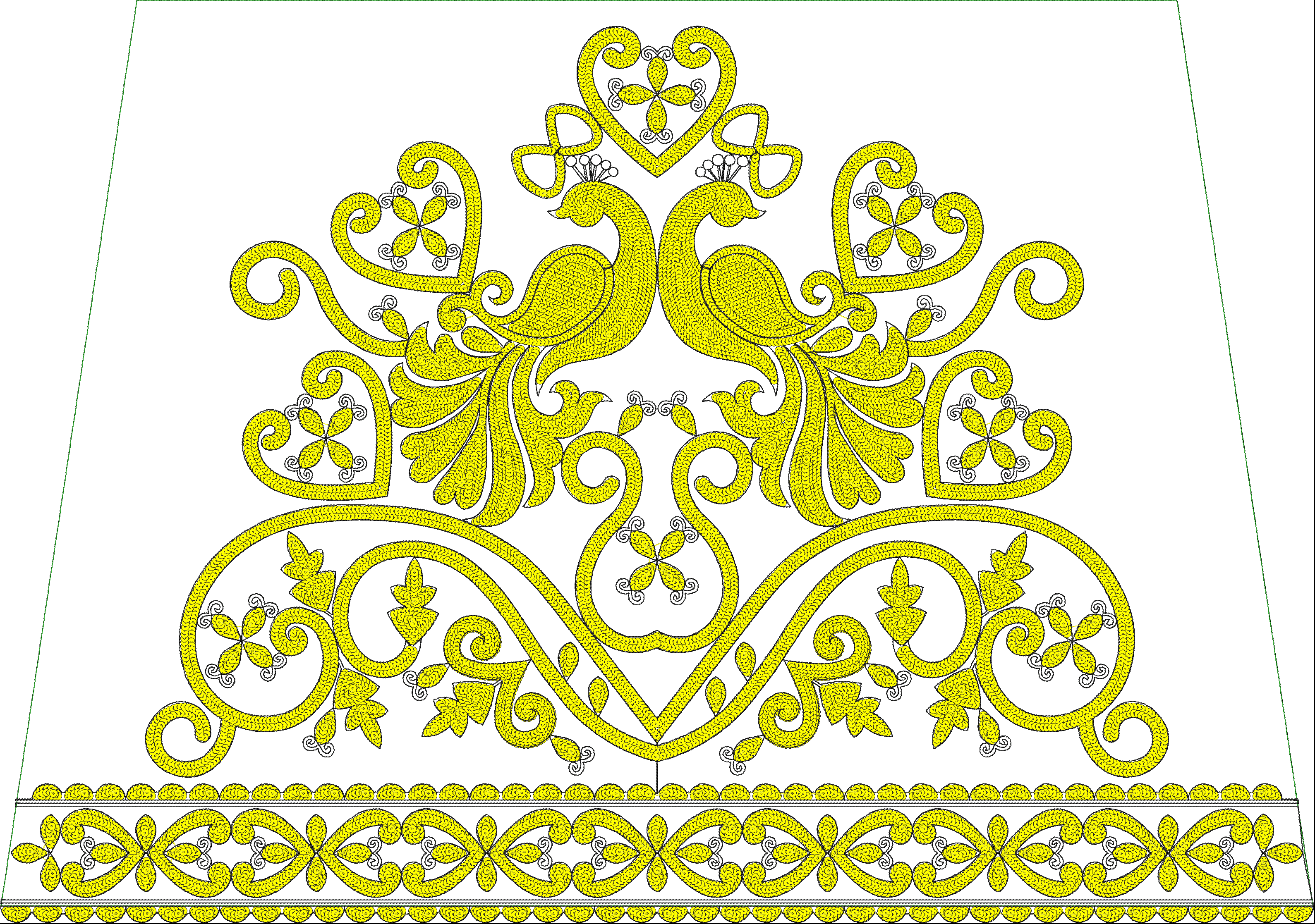 Embroidery design: An ornamental embroidery design featuring two symmetrical yellow peacocks with scrolling vine and floral motifs, and a d