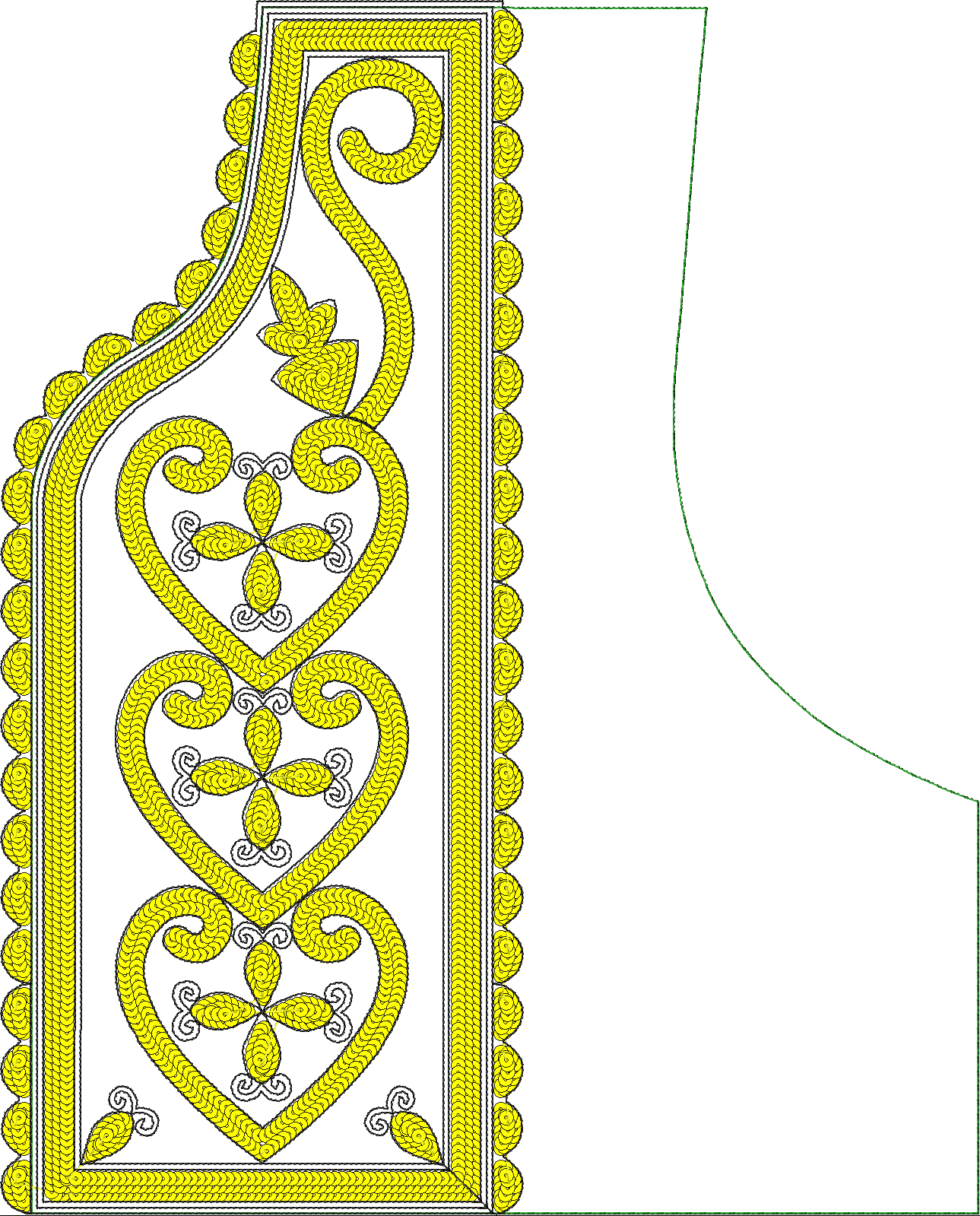 Embroidery design: An ornamental and decorative embroidery design featuring three stacked heart motifs interconnected with scrollwork, fram
