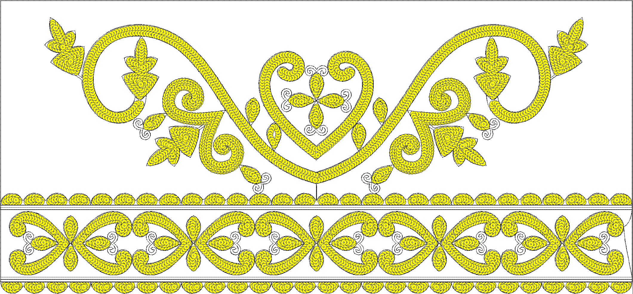 Embroidery design: A decorative embroidery border design featuring yellow scrollwork and floral motifs with black outlines and gray detaili