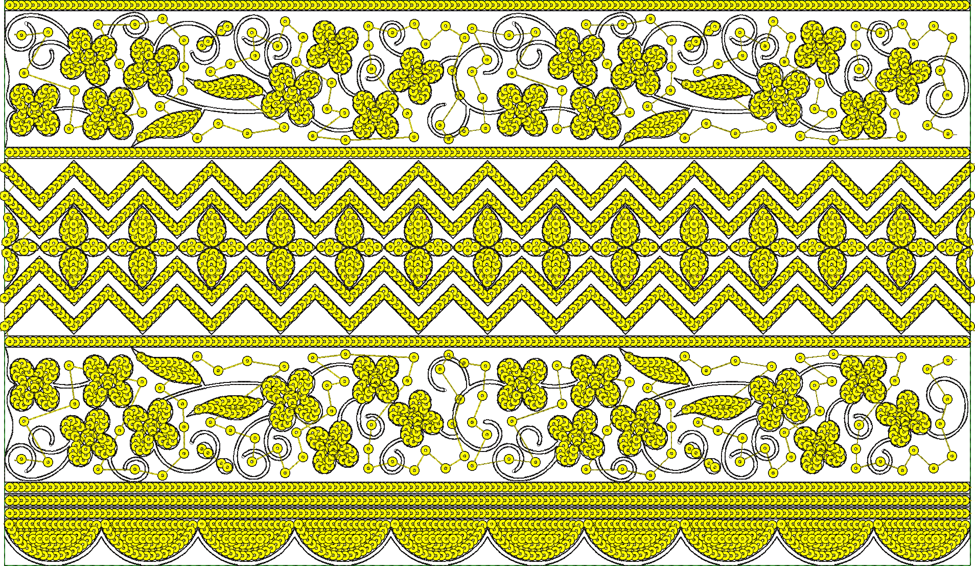 Embroidery design: A decorative border design featuring repeating yellow floral and geometric patterns with black outlines and a white back
