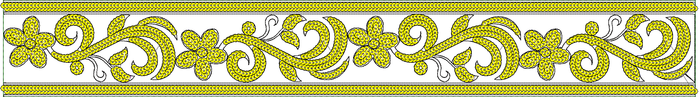 Embroidery design: A symmetrical yellow floral and scrollwork border design with green accents and a white background, suitable for decorat