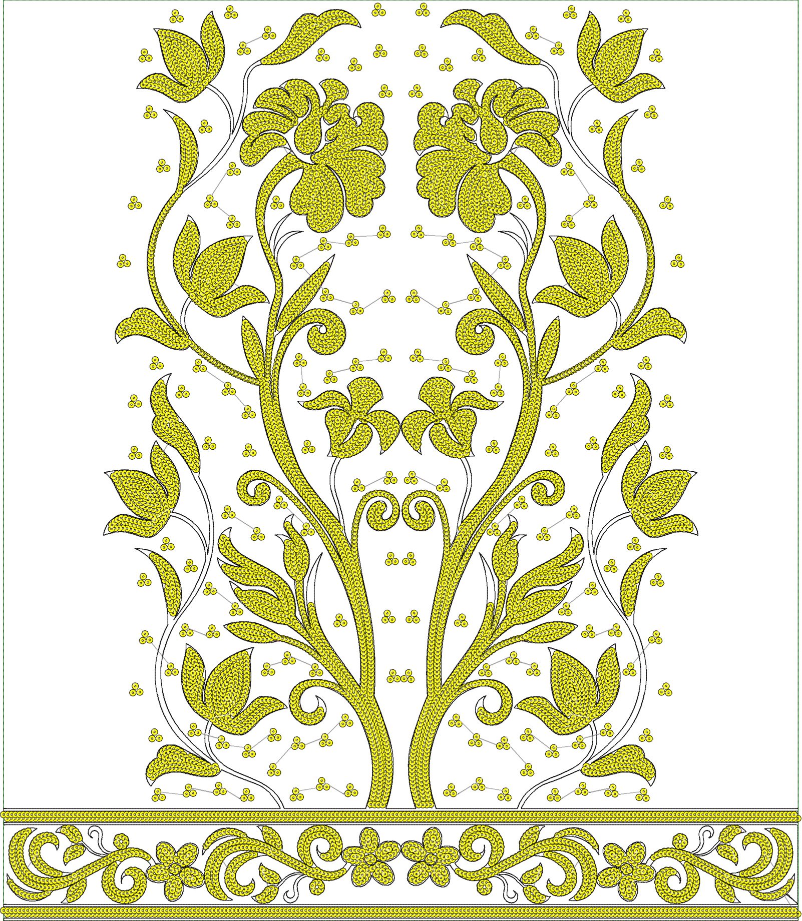 Embroidery design: A symmetrical and mirrored yellow floral embroidery design with intricate vines, leaves, and flowers, featuring a separa