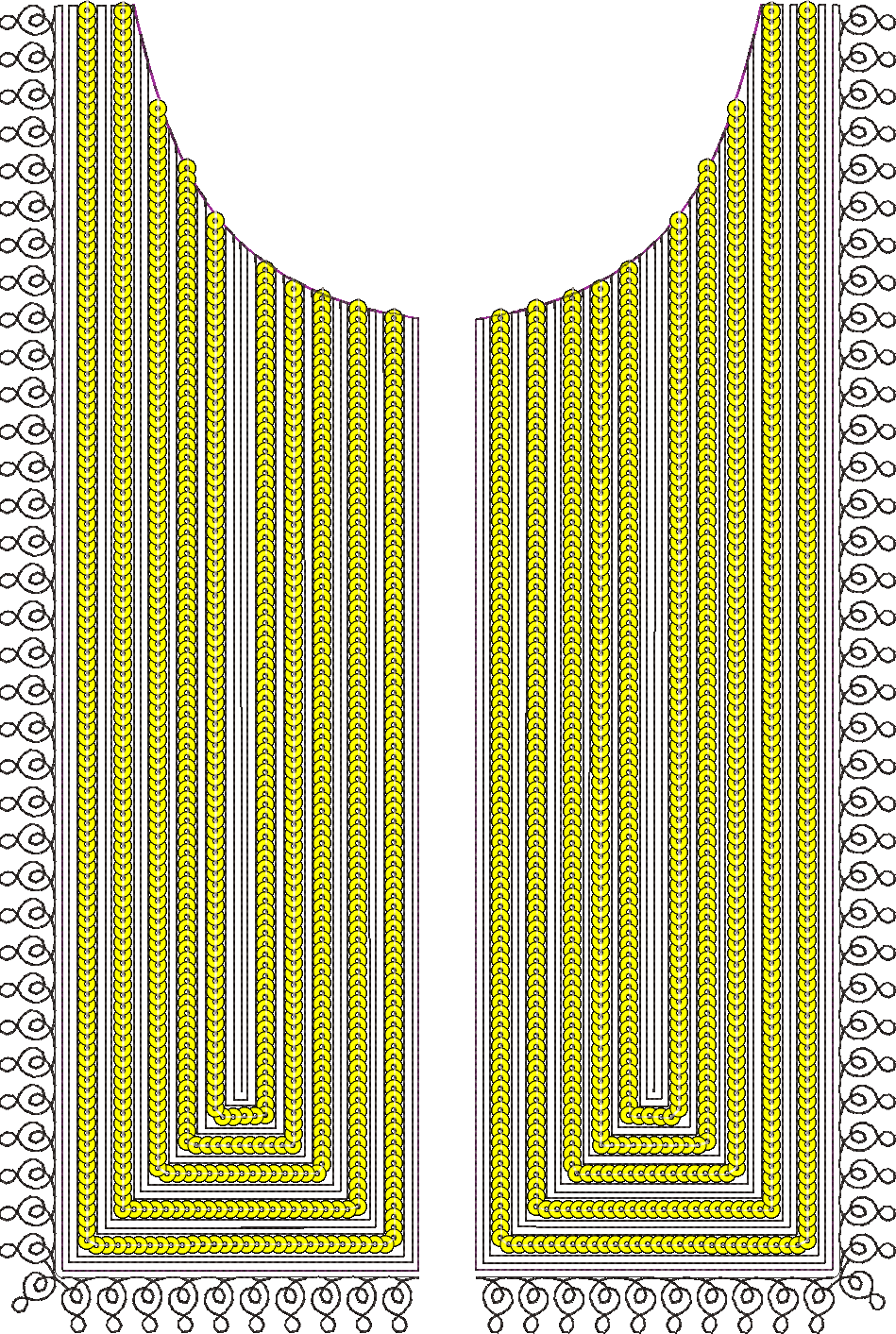 Embroidery design: A decorative, symmetrical neckline embroidery design in yellow and black with ethnic geometric patterns, featuring repea