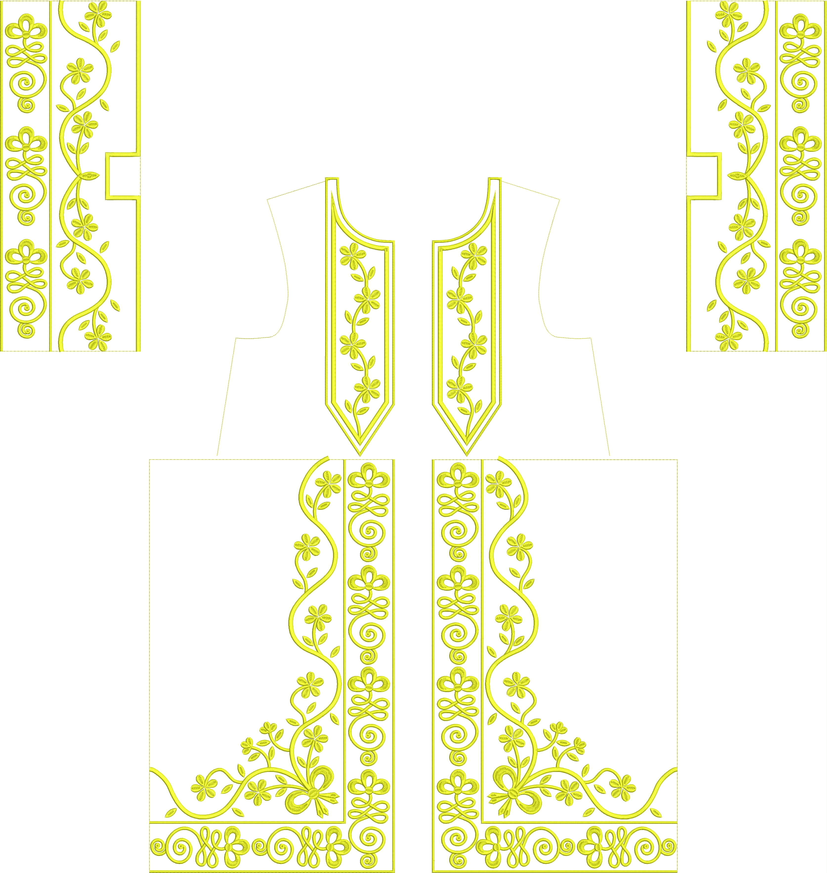 Embroidery design: A yellow embroidery design featuring a repeating floral and vine pattern with scrollwork, forming a decorative border.