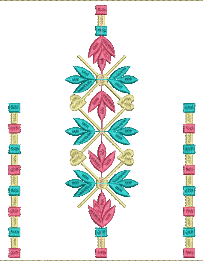Embroidery design: A symmetrical embroidery design featuring a central ornamental panel with alternating pink and teal leaf-like shapes, ac
