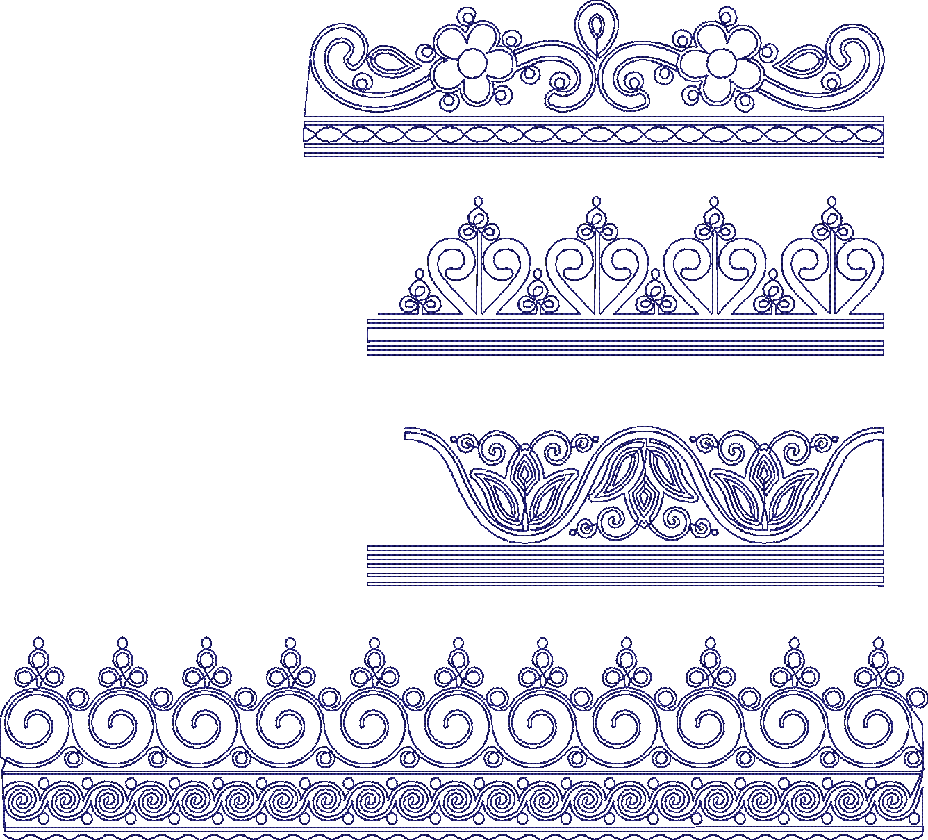 Embroidery design: A collection of four decorative embroidery borders. The top border features flowers and scrollwork. The second border re