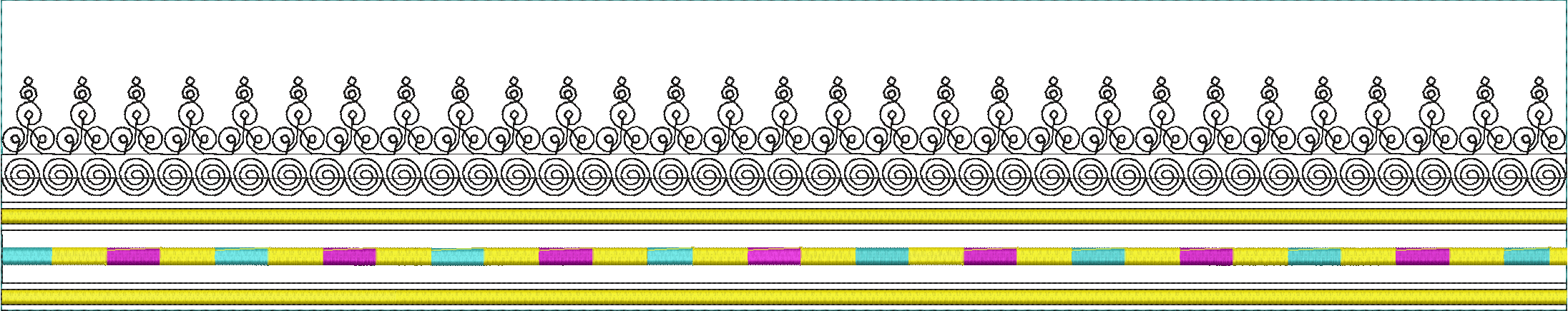 Embroidery design: A decorative embroidery border with repeating black scrollwork and diamond motifs above horizontal bands of yellow, teal