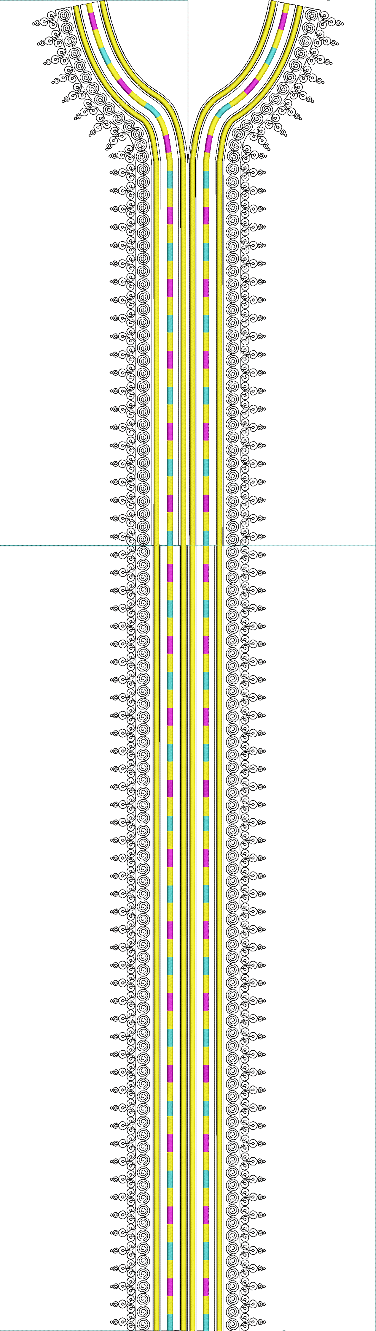 Embroidery design: A symmetrical embroidery design for a neckline, featuring a central vertical panel of yellow, pink, and turquoise stripe