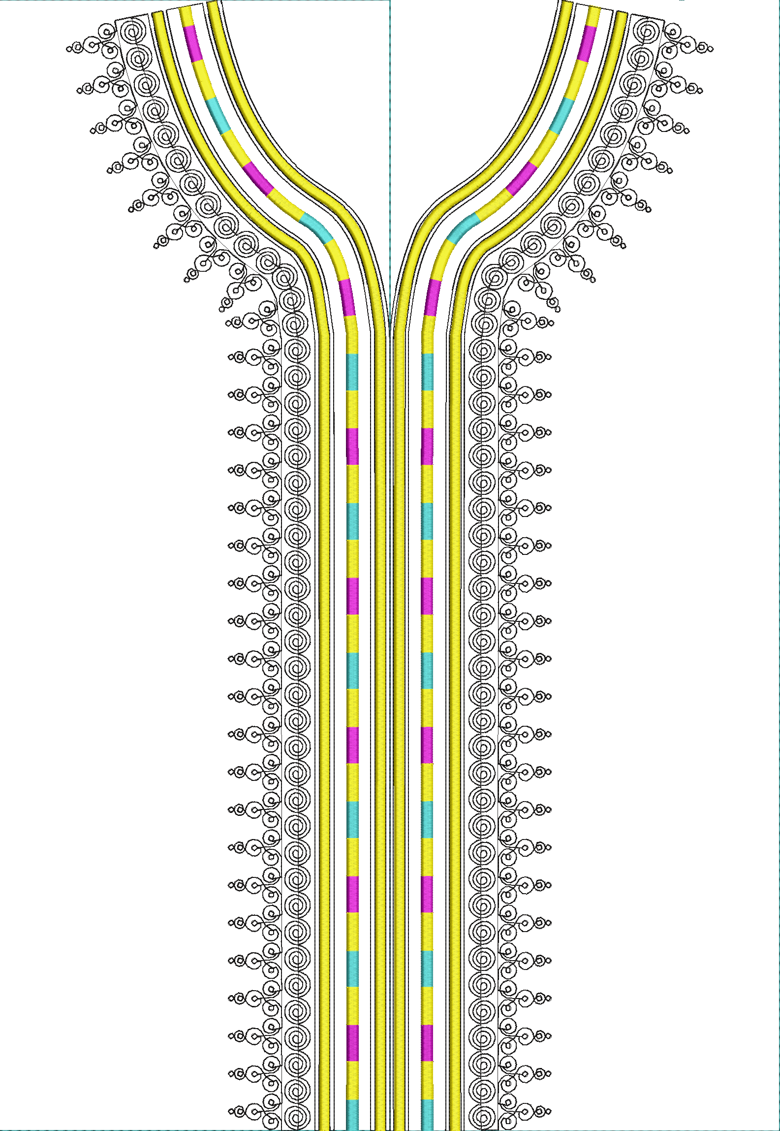 Embroidery design: A decorative neckline embroidery design featuring black scrollwork on the sides and a central striped pattern in yellow,