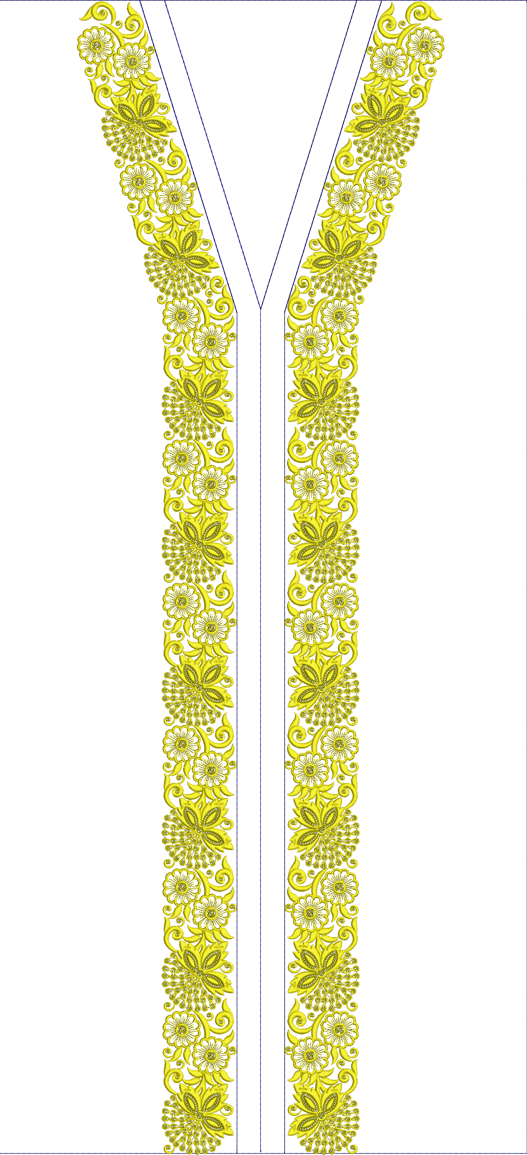 Embroidery design: A yellow floral ornamental embroidery design featuring repeating flowers, leaves, and scrollwork, forming a dense vertic