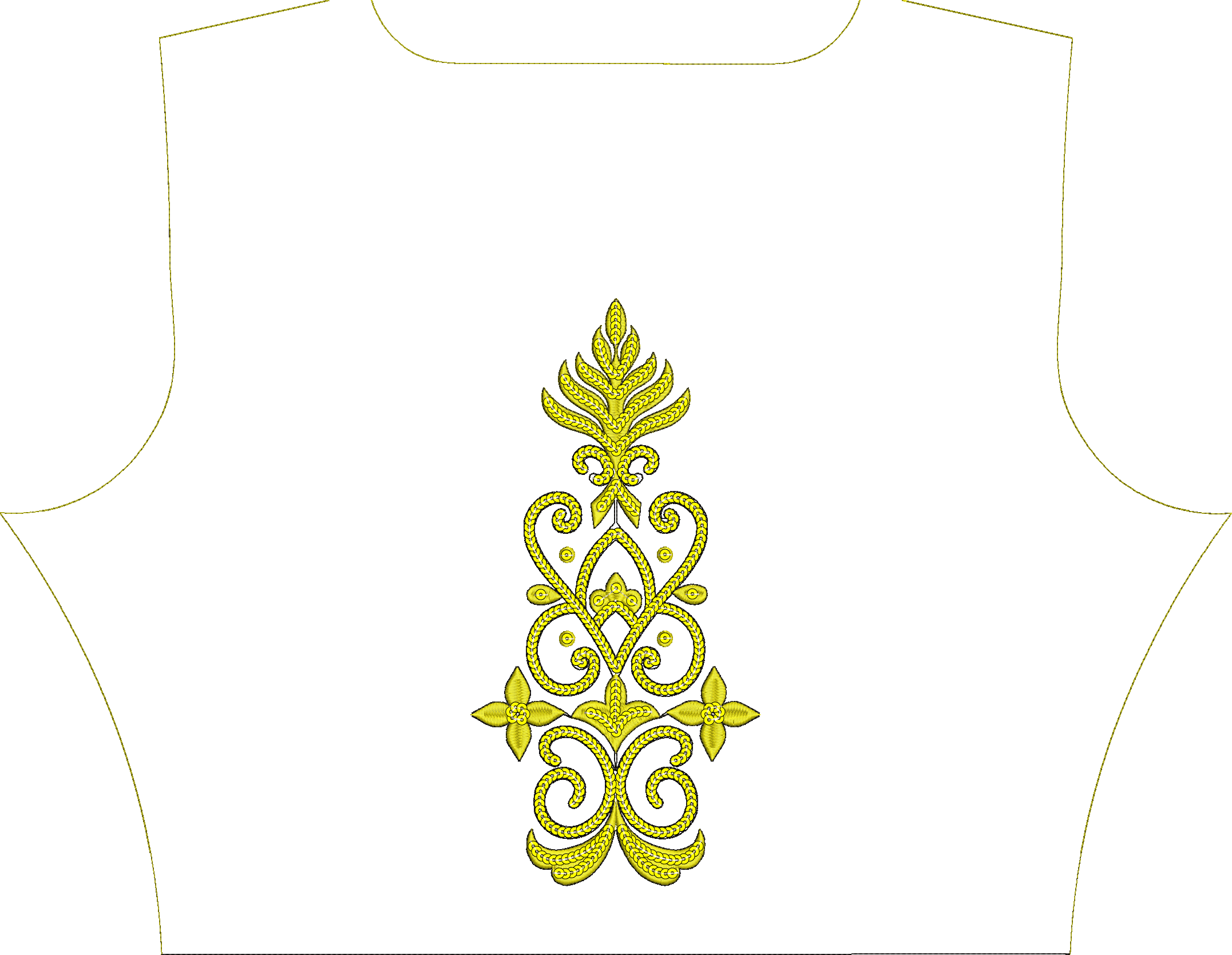Embroidery design: A yellow ornamental embroidery design featuring symmetrical scrollwork and botanical motifs with leaf and foliage elemen