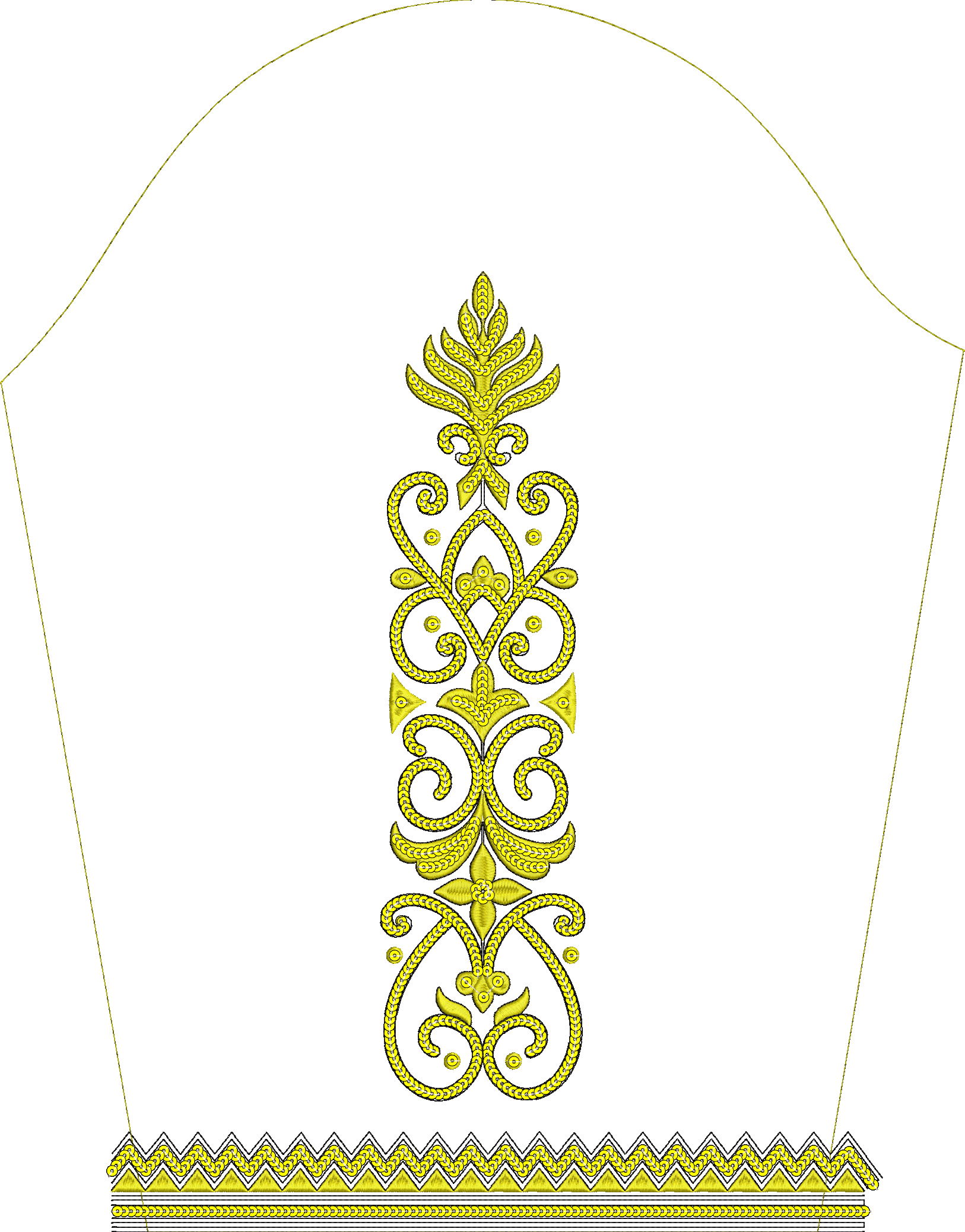 Embroidery design: A vertical ornamental embroidery design in yellow with intricate scrollwork and a decorative geometric border at the bot
