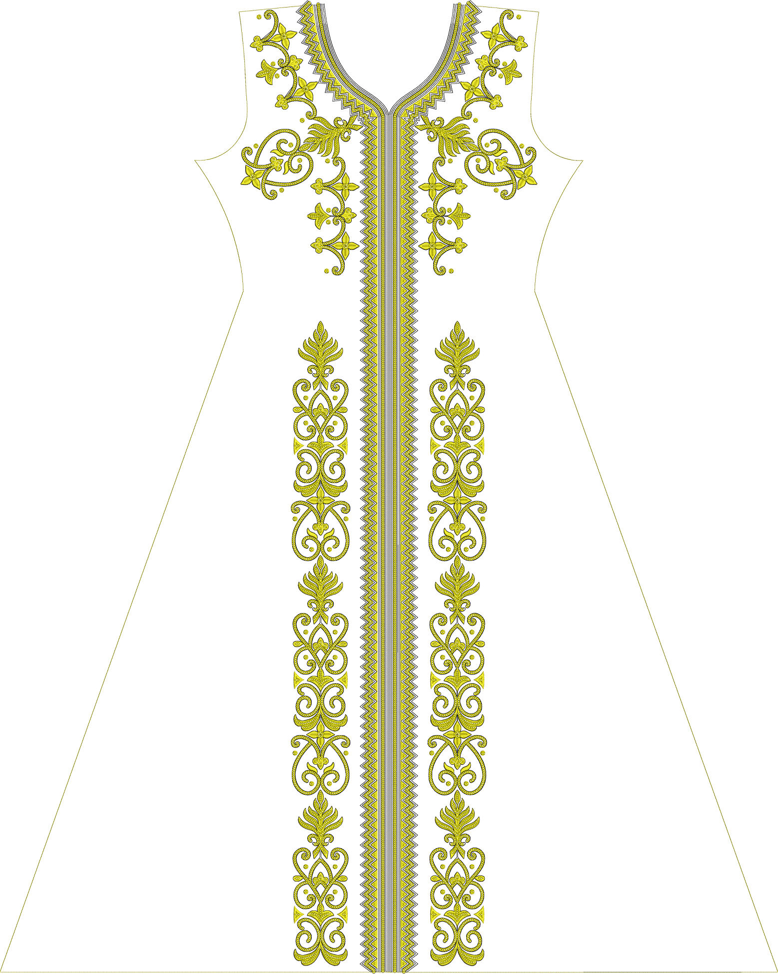 Embroidery design: A white garment with golden-yellow and grey embroidery featuring symmetrical ornamental scrollwork and leaf motifs along