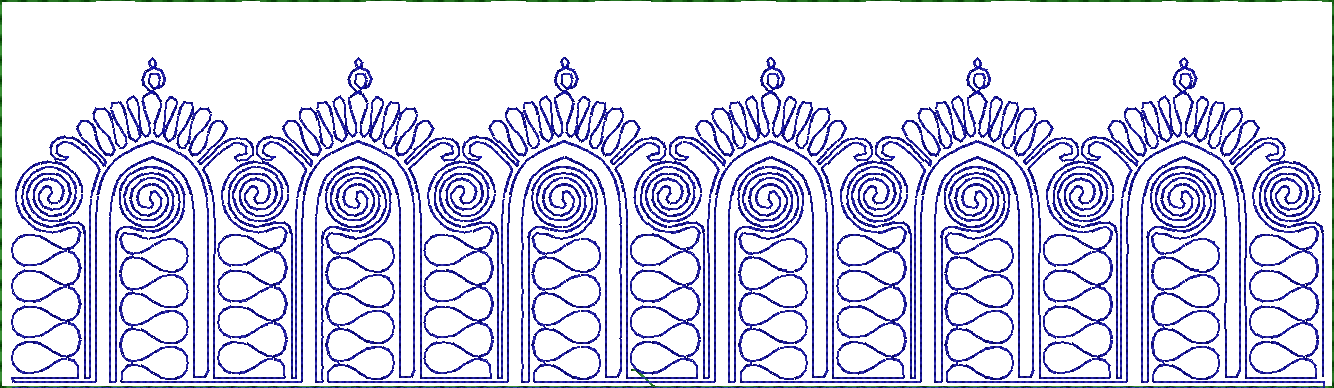 Embroidery design: A blue embroidery design featuring a repeating symmetrical border with arched motifs, scrollwork, and teardrop shapes.