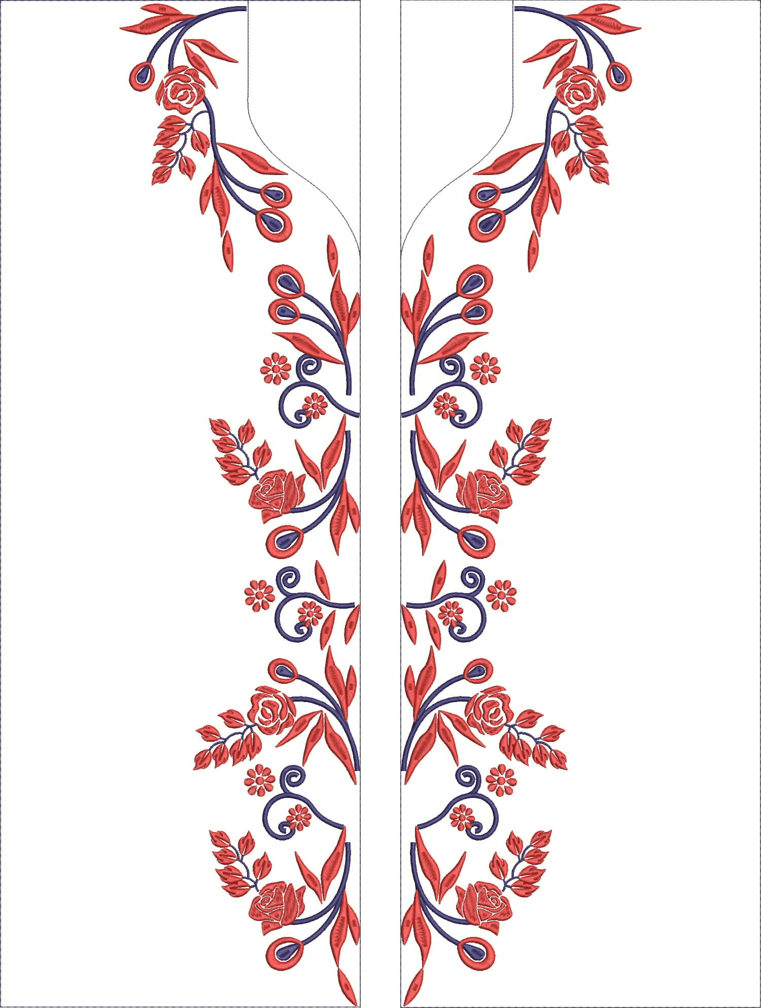 Embroidery design: A symmetrical embroidery design for a garment's neckline, featuring red floral and botanical motifs with blue vine and l