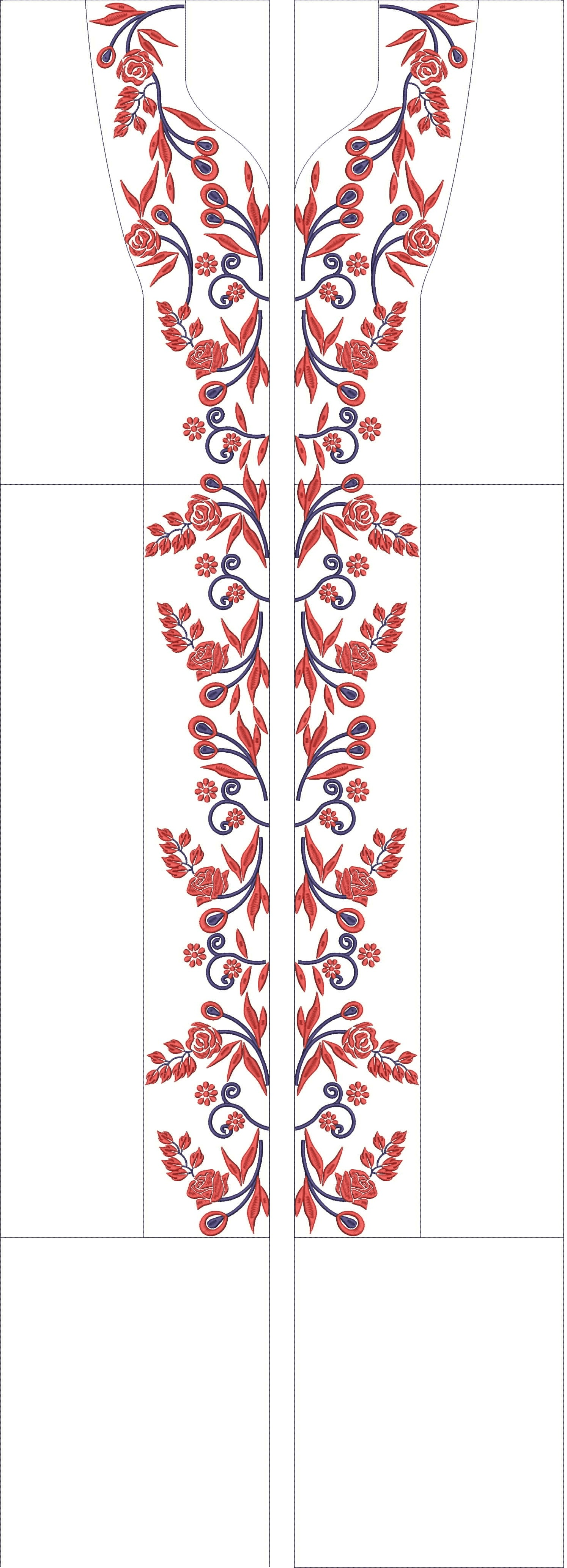 Embroidery design: A symmetrical embroidery design featuring red roses and green leaves with blue outlines, arranged in a vertical border s