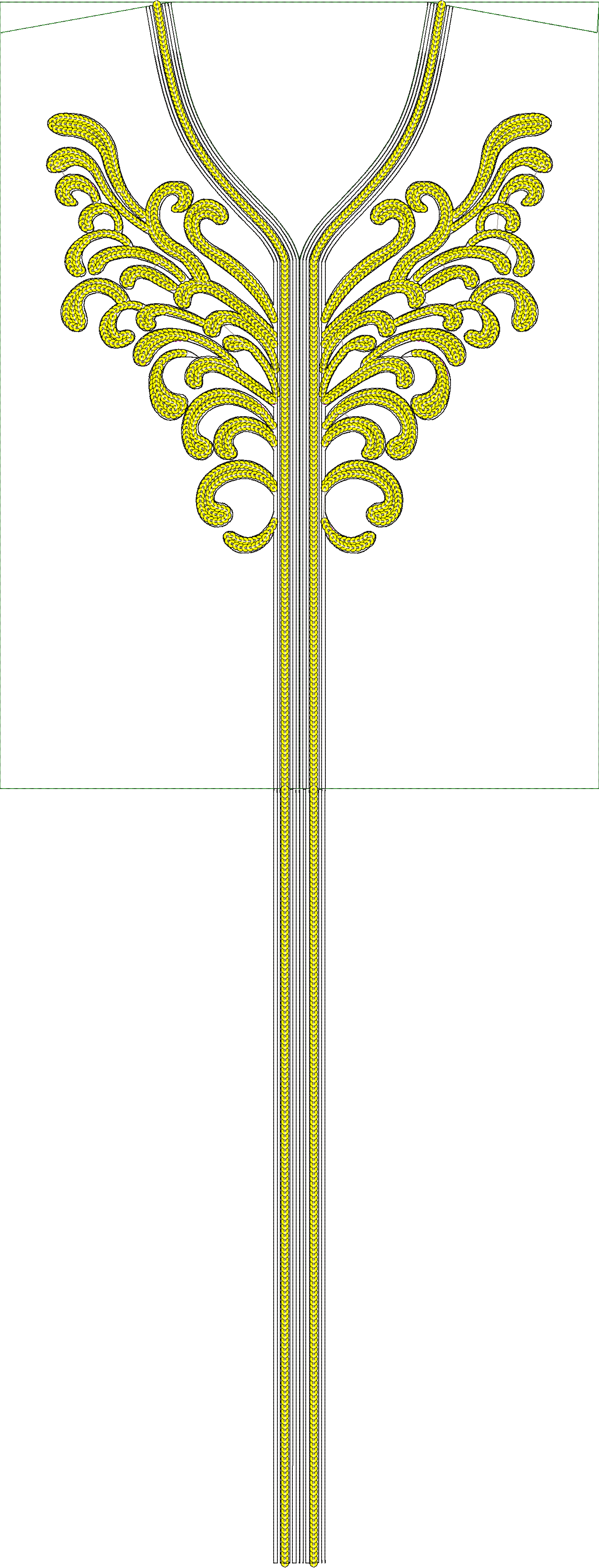 Embroidery design: A yellow and black ornamental embroidery design for a neckline, featuring symmetrical scrollwork and vine motifs on a wh
