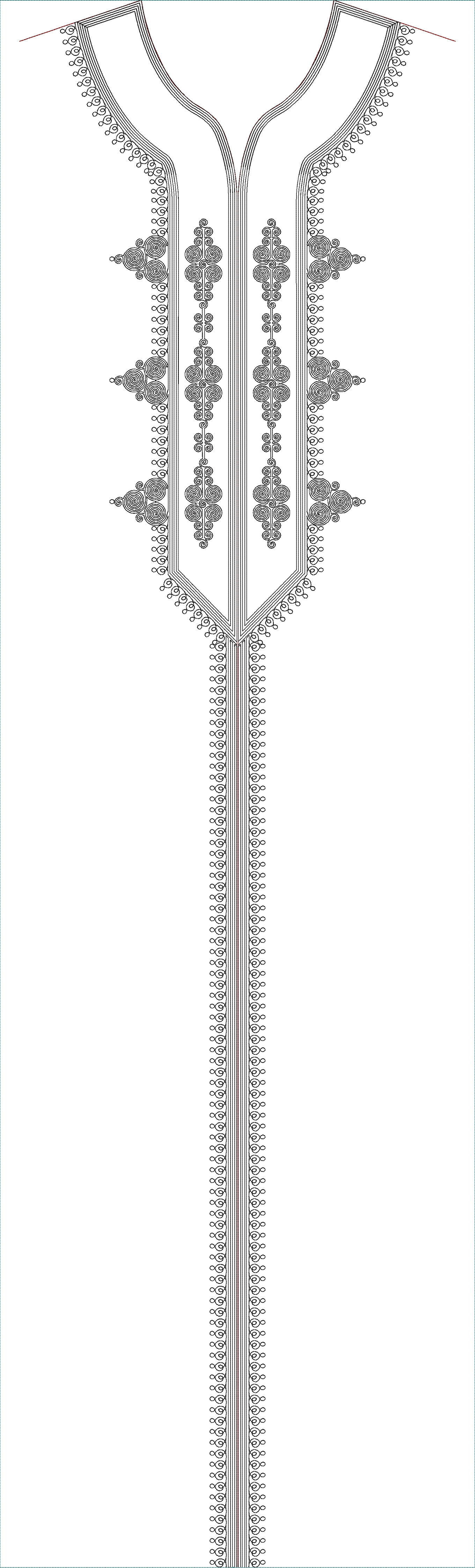 Embroidery design: An ornamental and symmetrical embroidery design for a garment neckline, featuring intricate black scrollwork and geometr