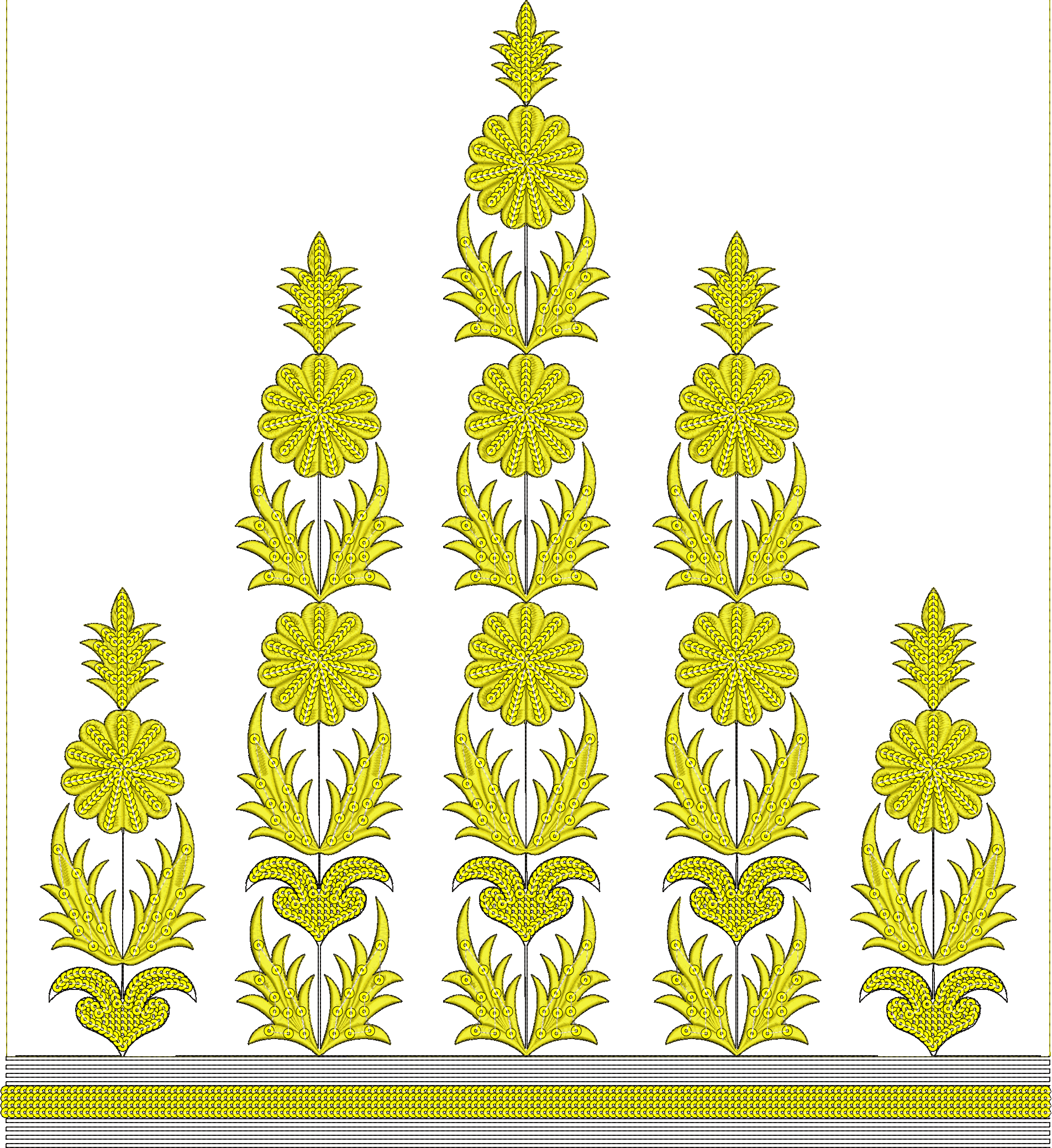 Embroidery design: A symmetrical, vertical embroidery design in yellow and black, featuring stylized floral and botanical motifs, with a de