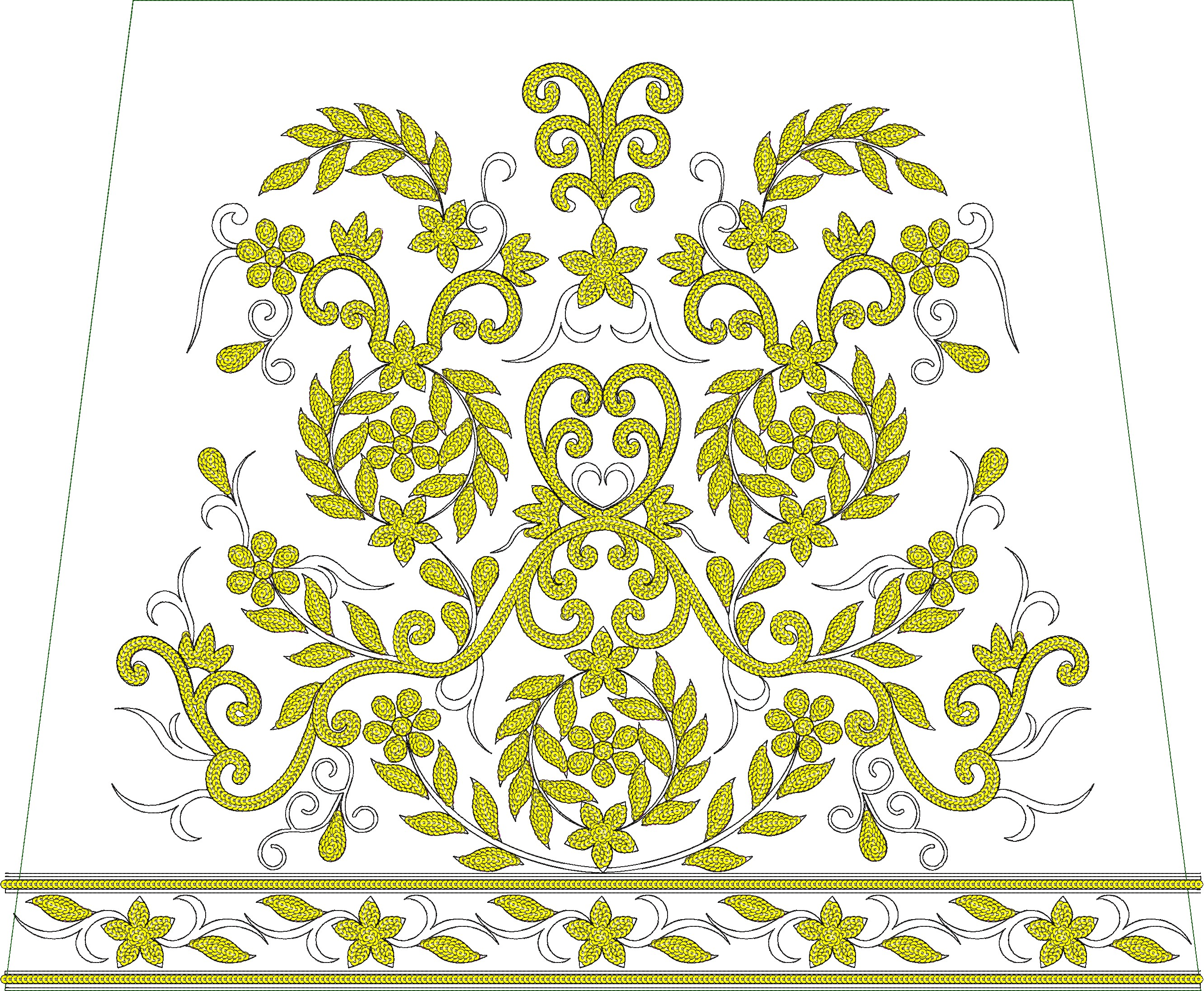 Embroidery design: A symmetrical embroidery design in yellow and white featuring a dense fill of floral and vine motifs, bordered at the bo