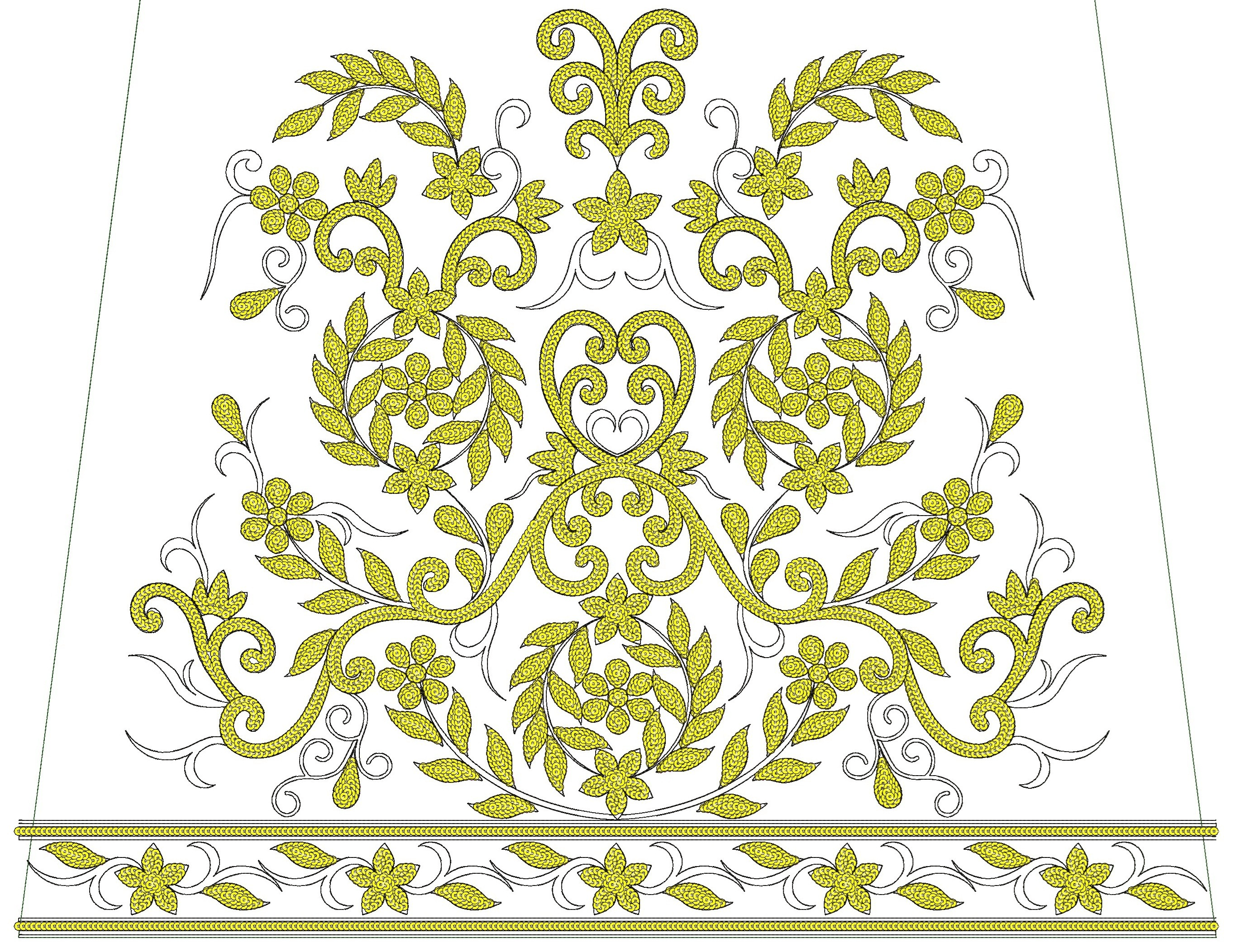 Embroidery design: A symmetrical embroidery design featuring yellow floral and vine motifs with leaves, set against a white background. It 