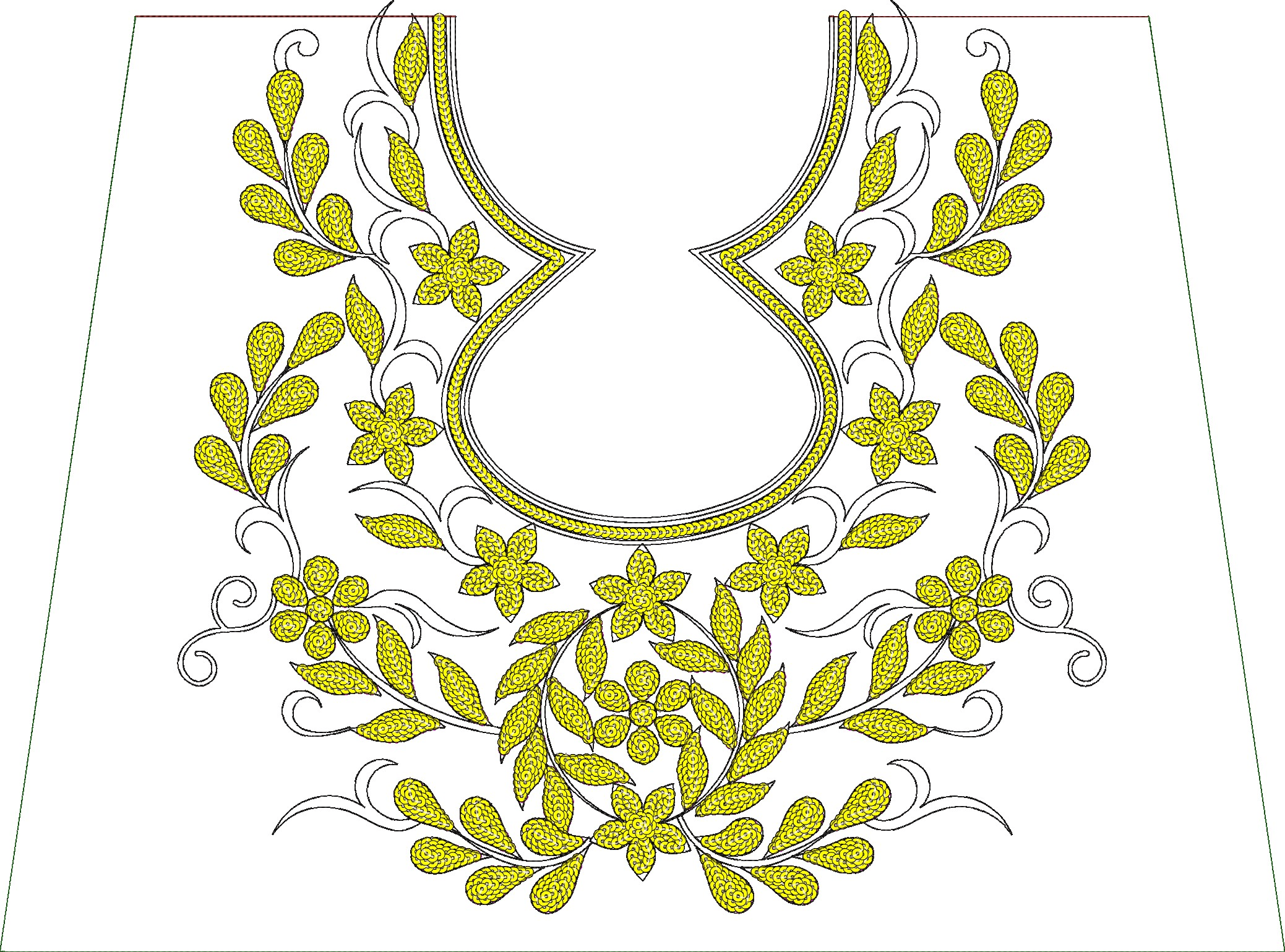 Embroidery design: A symmetrical neckline embroidery design featuring yellow flowers and leaves with black outlines.