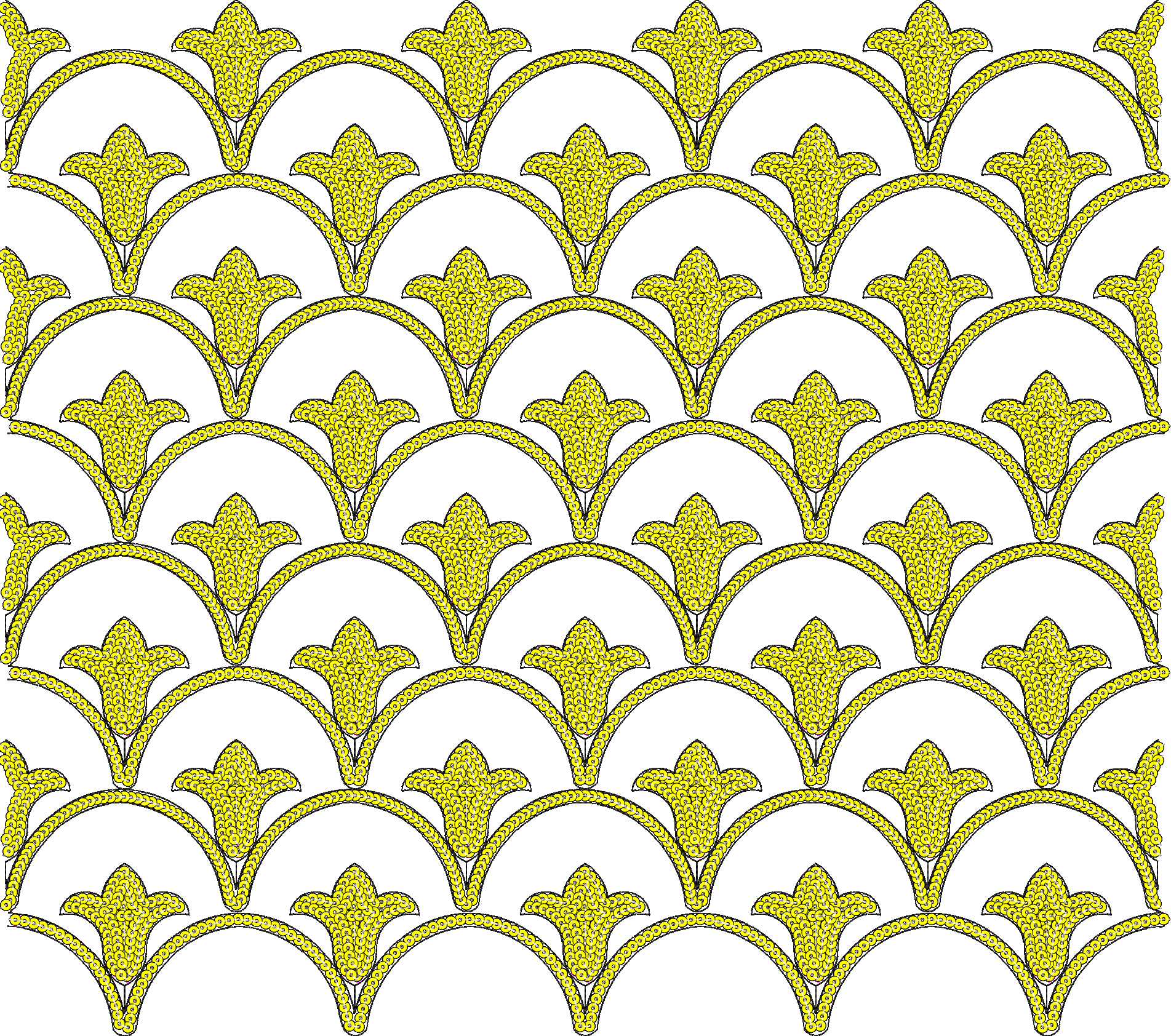 Embroidery design: A repeating, all-over embroidery design featuring stylized yellow floral or paisley motifs framed by black arched outlin