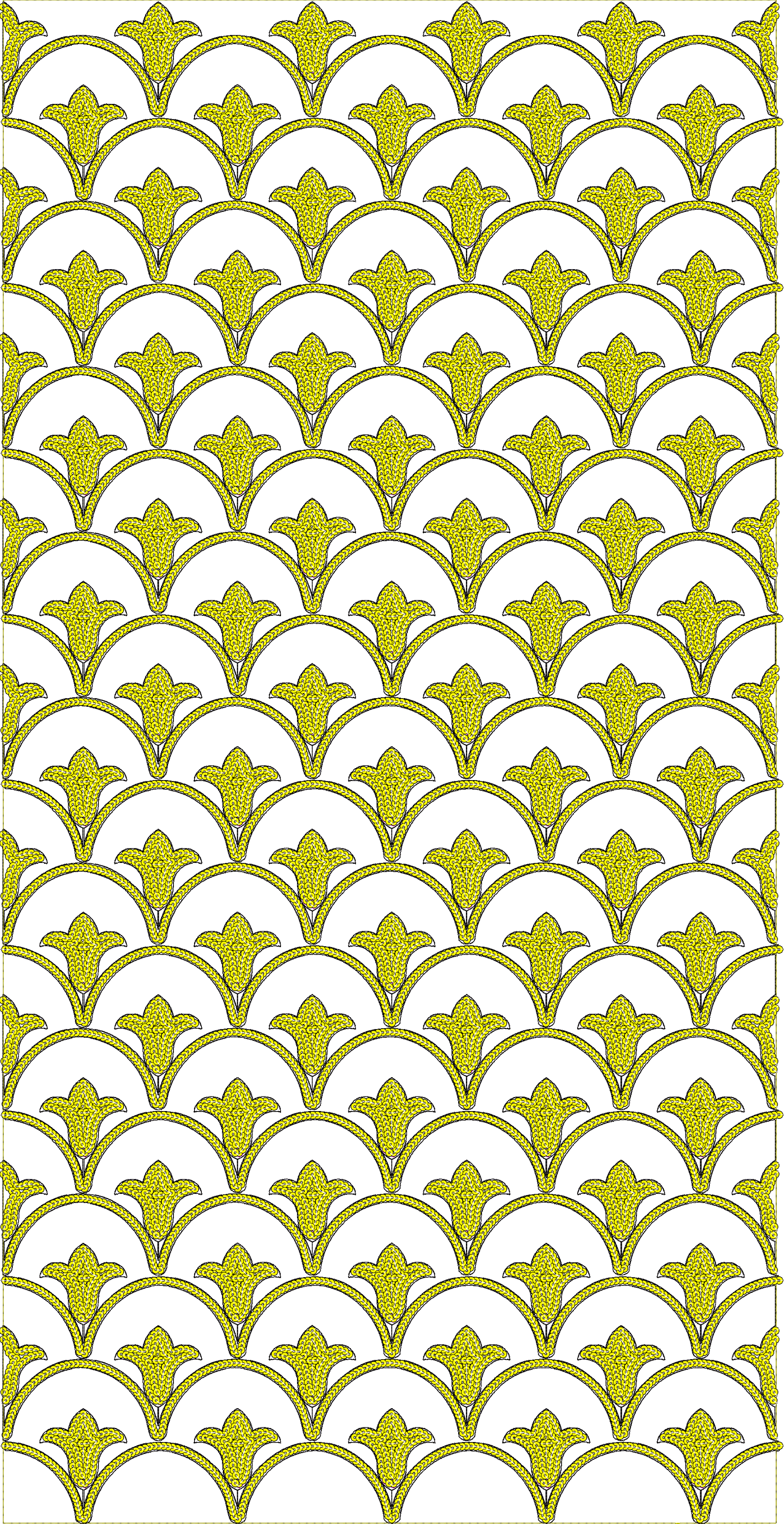 Embroidery design: A repeating all-over embroidery design featuring stylized yellow floral motifs enclosed in arches, creating a decorative