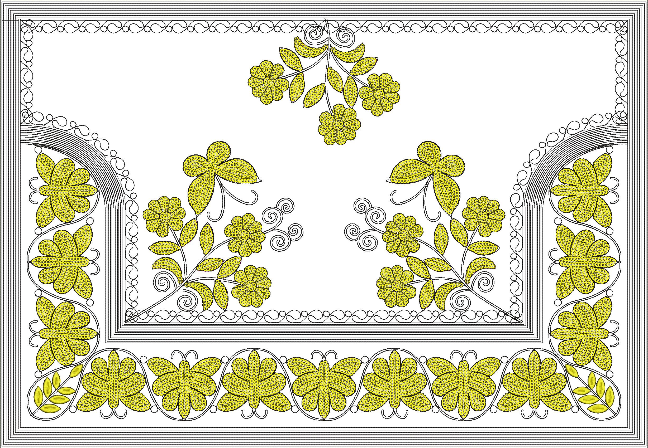 Embroidery design: A decorative embroidery design featuring yellow floral and leaf motifs with butterfly-like shapes, arranged symmetricall