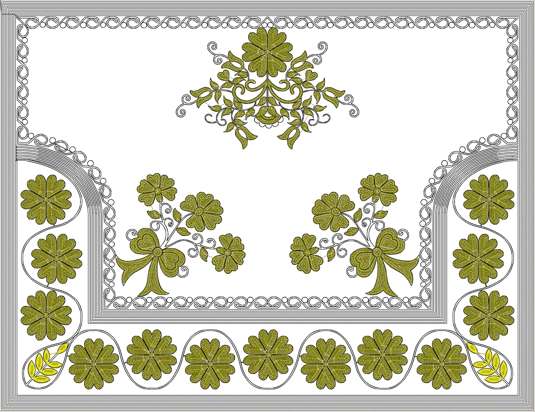 Embroidery design: An embroidery design featuring an ornamental floral arrangement at the top, with bow-adorned floral motifs on the sides,