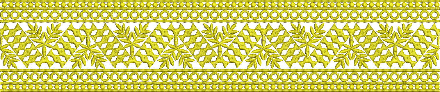 Embroidery design: A yellow embroidered border design featuring repeating symmetrical motifs of geometric shapes, floral elements, and leav