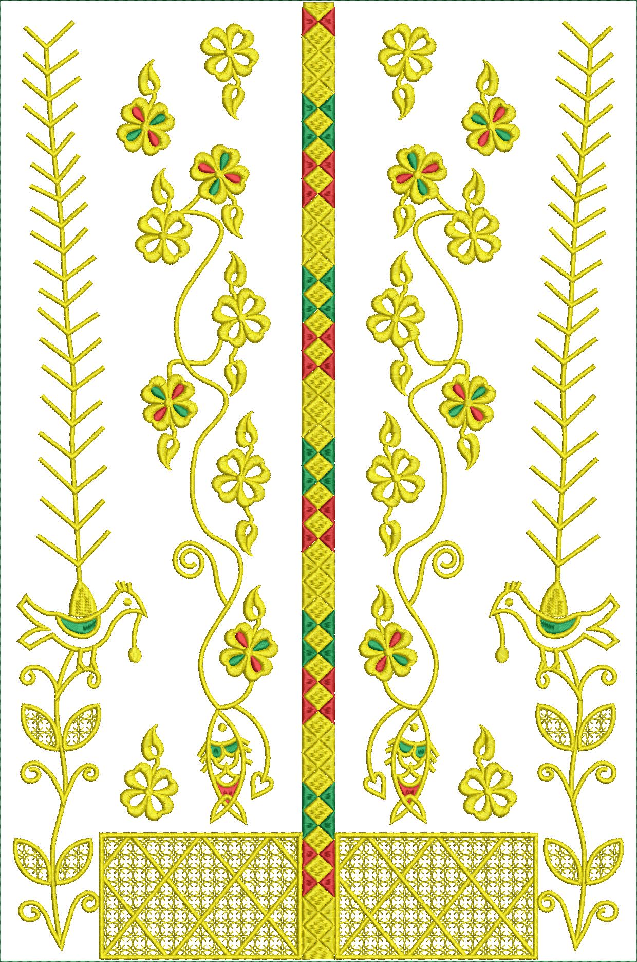 Embroidery design: An ornamental embroidery design featuring yellow, red, and green floral motifs, birds, and fish-like symbols, framed by 
