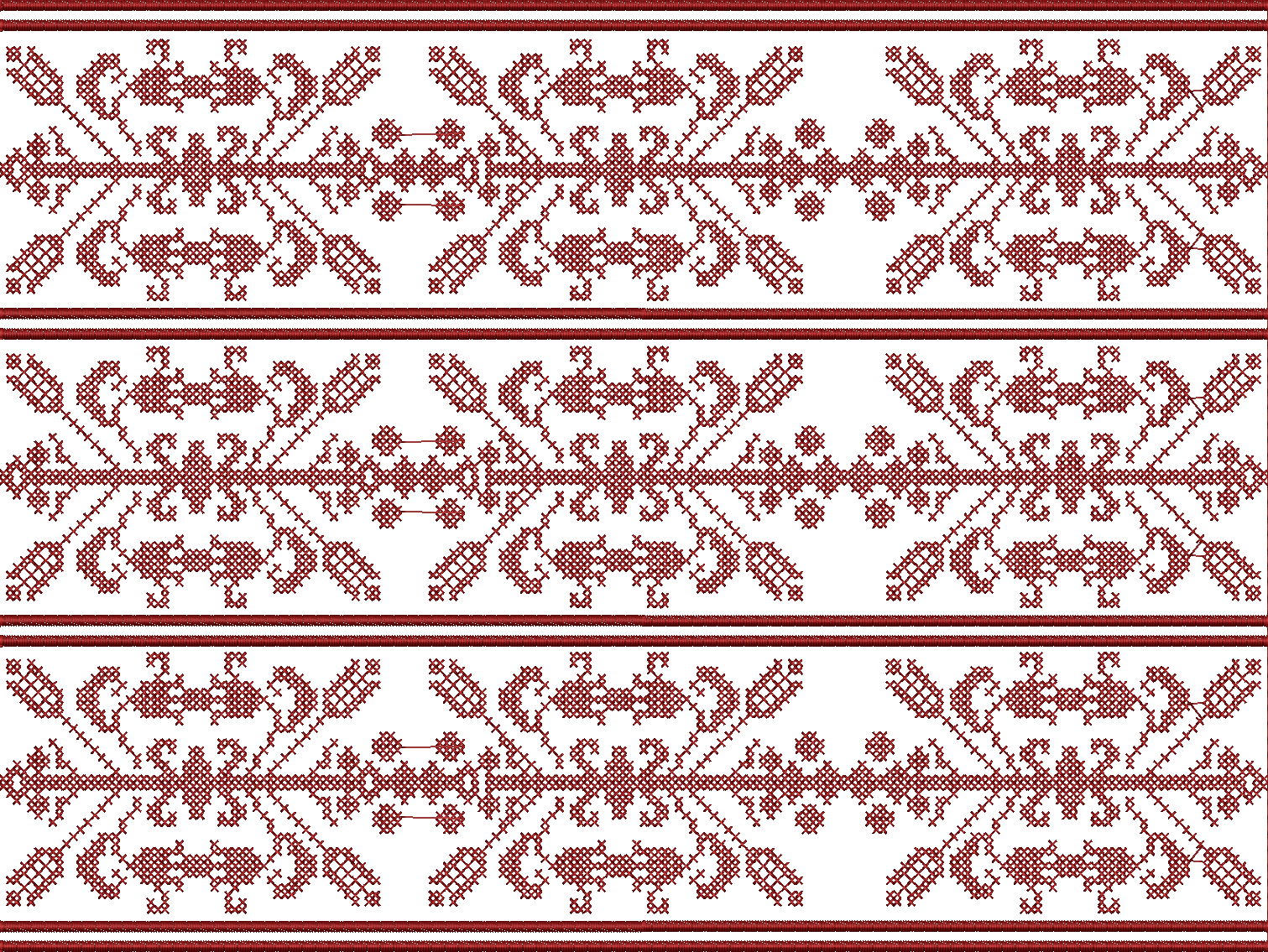 Embroidery design: A maroon and white embroidery design featuring a repeating, symmetrical, and ornamental ethnic pattern with geometric mo
