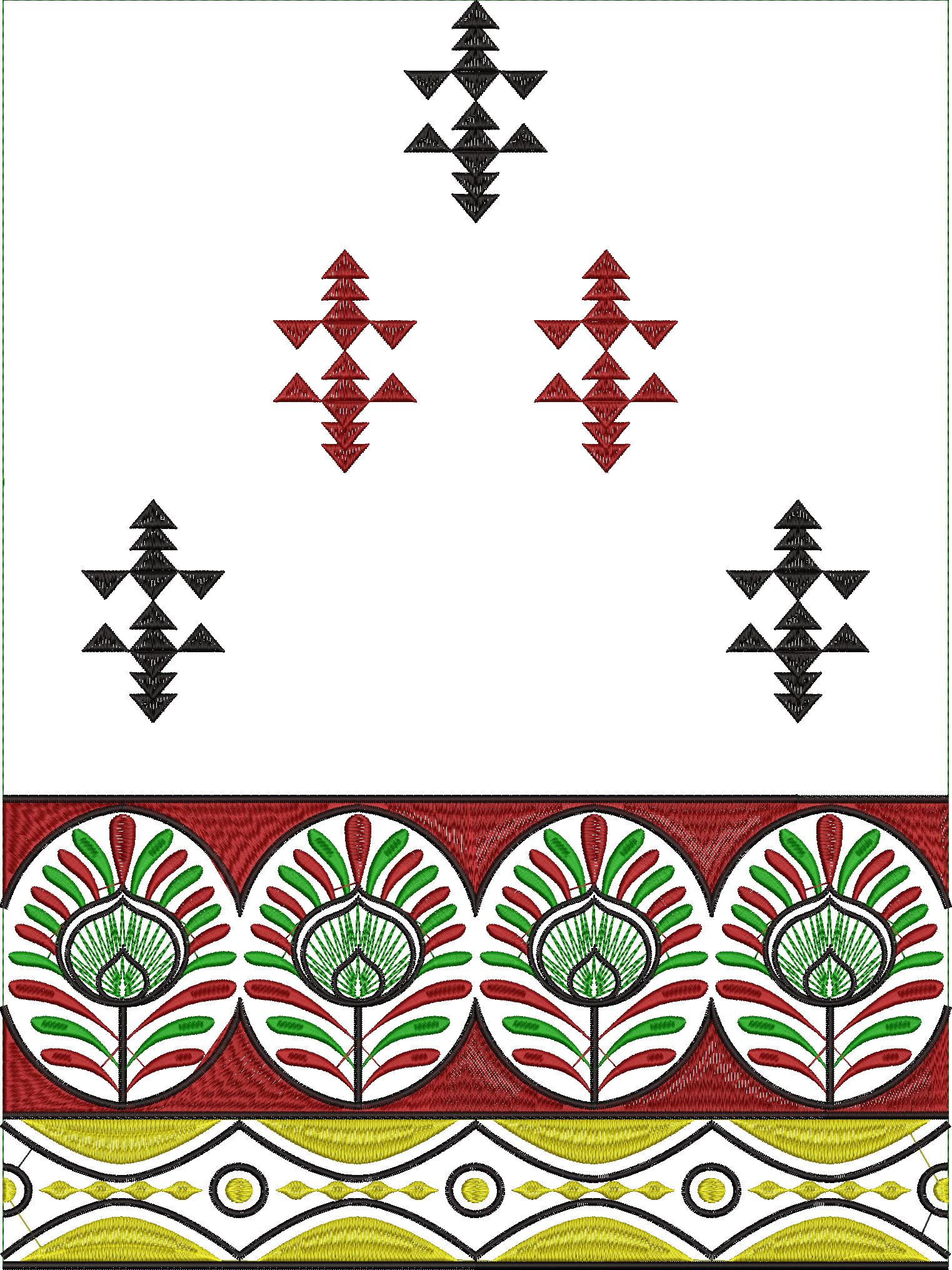 Embroidery design: A decorative embroidery design featuring a border with repeating floral motifs in red and green, and scattered geometric