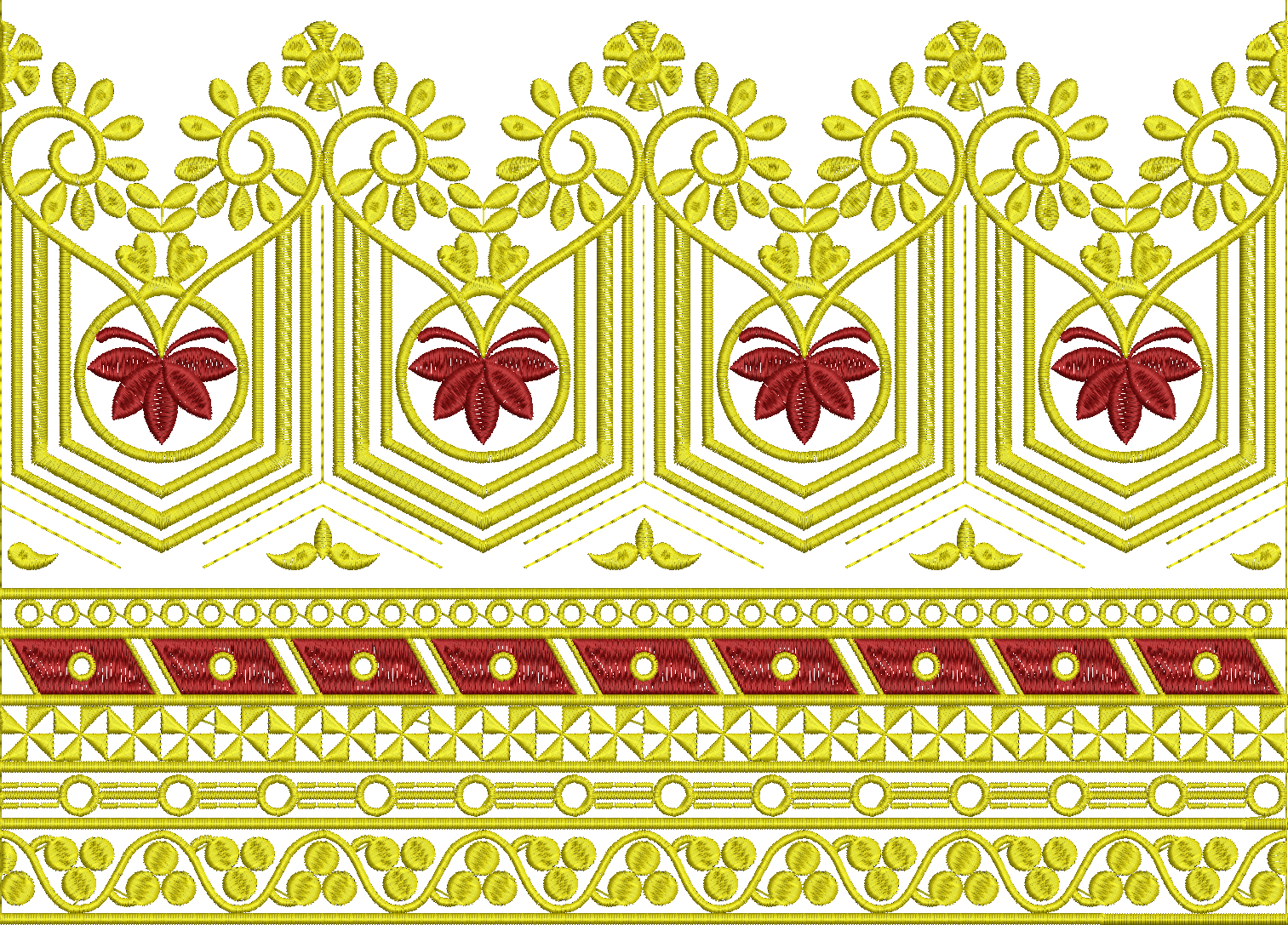 Embroidery design: A detailed embroidery border design with repeating yellow scrollwork, red floral motifs, geometric patterns, and diamond