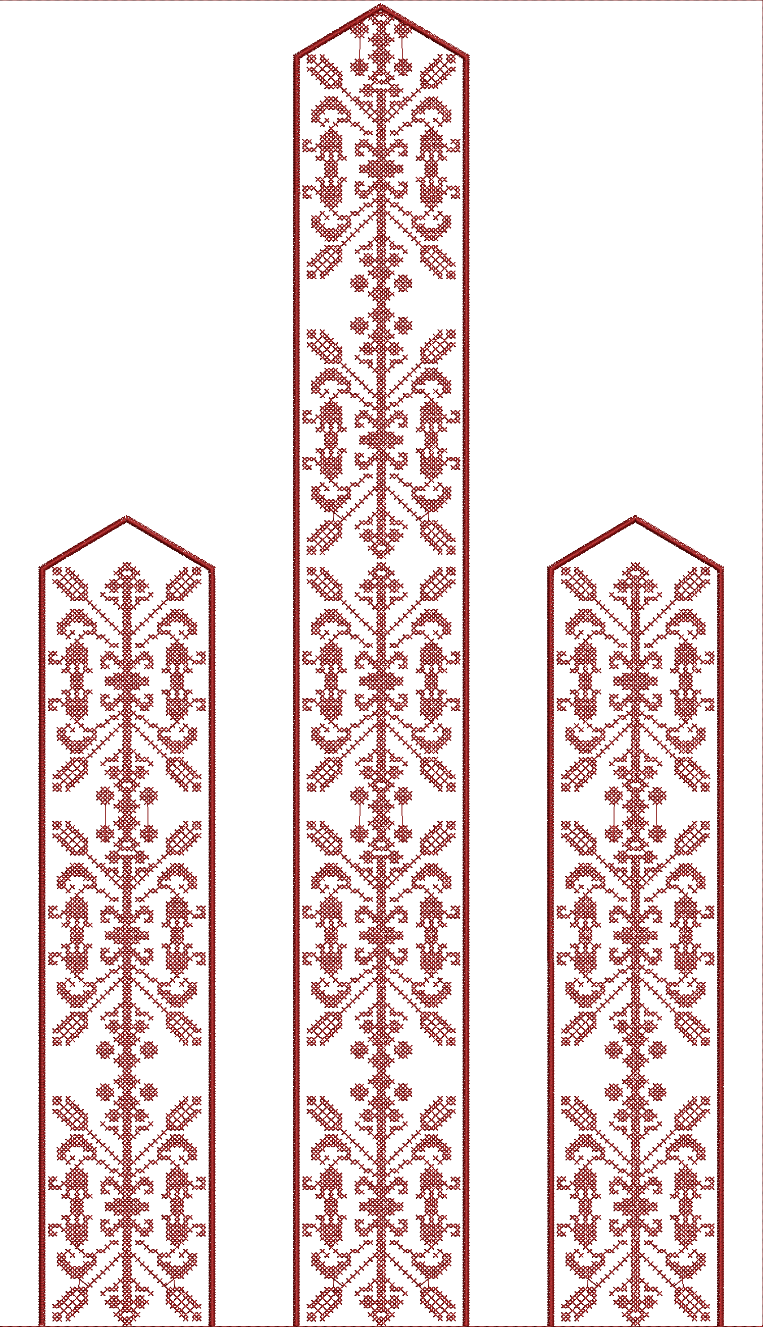 Embroidery design: A traditional and ornamental embroidery design in a maroon color, featuring repeating vertical panels with symmetrical v