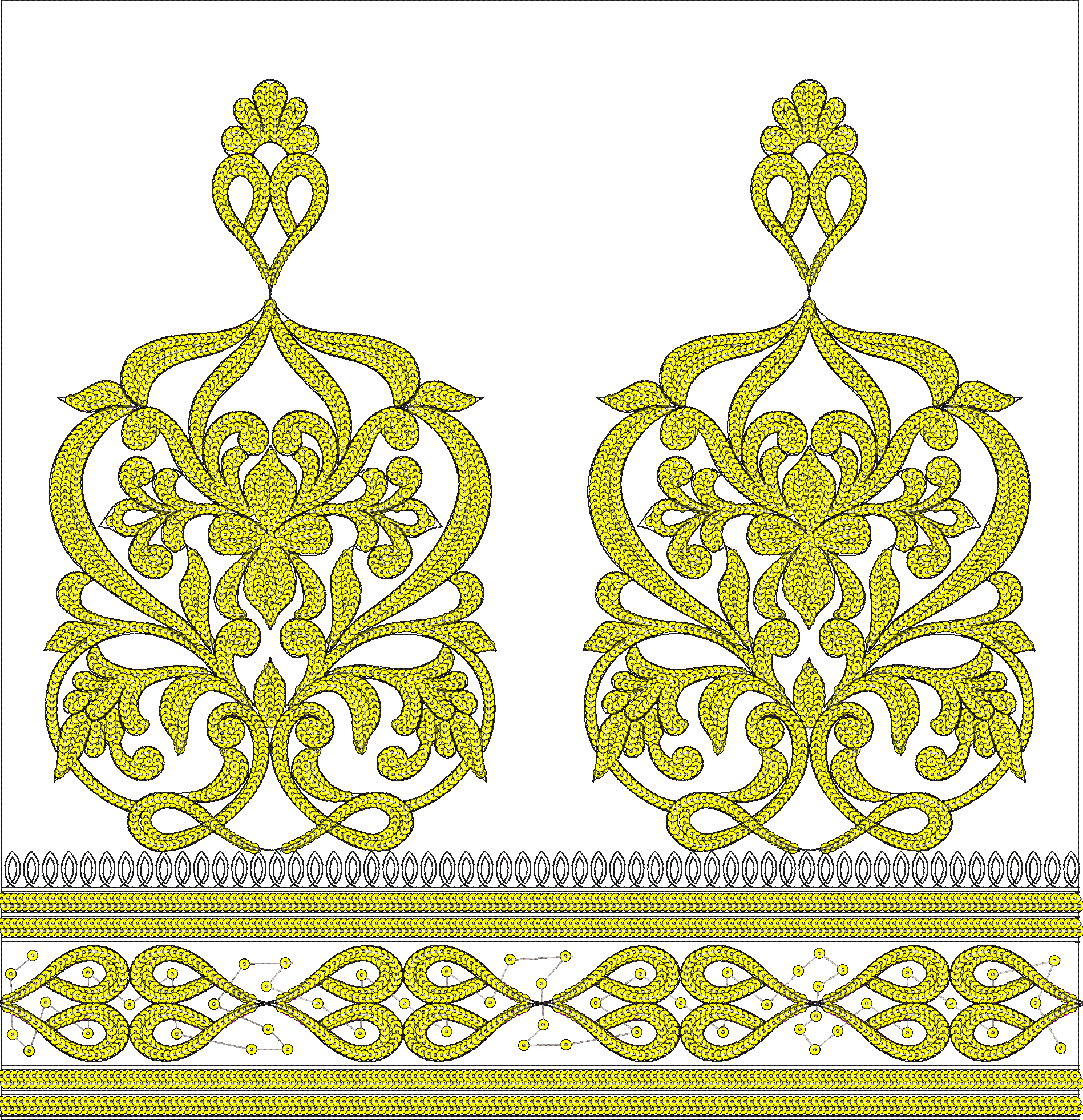 Embroidery design: A symmetrical yellow and black embroidery design featuring two ornate, mirrored motifs at the top and a decorative borde