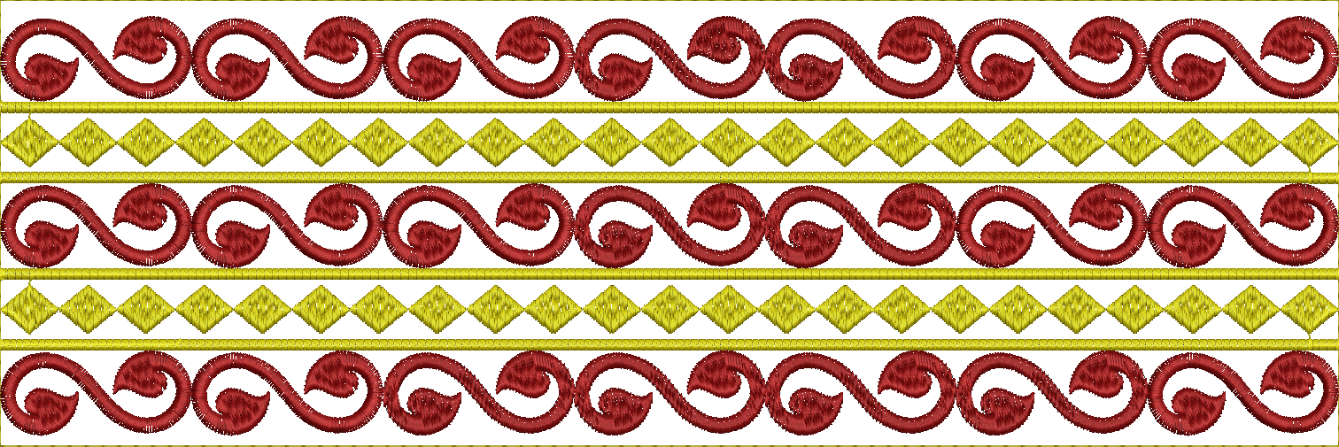 Embroidery design: A decorative embroidery border with repeating maroon scrollwork and vine motifs separated by rows of gold diamonds. This