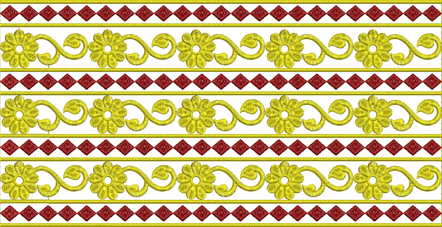 Embroidery design: A decorative border embroidery design featuring repeating patterns of yellow floral motifs interspersed with red geometr