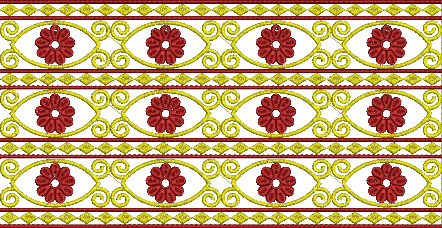 Embroidery design: A repeating horizontal embroidery border with a traditional ornamental design featuring red floral motifs, yellow scroll