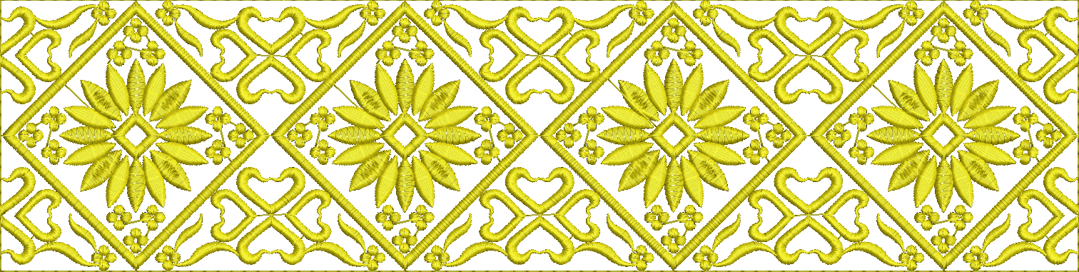 Embroidery design: A yellow embroidery design featuring a repeating decorative border with geometric and floral elements. The design incorp