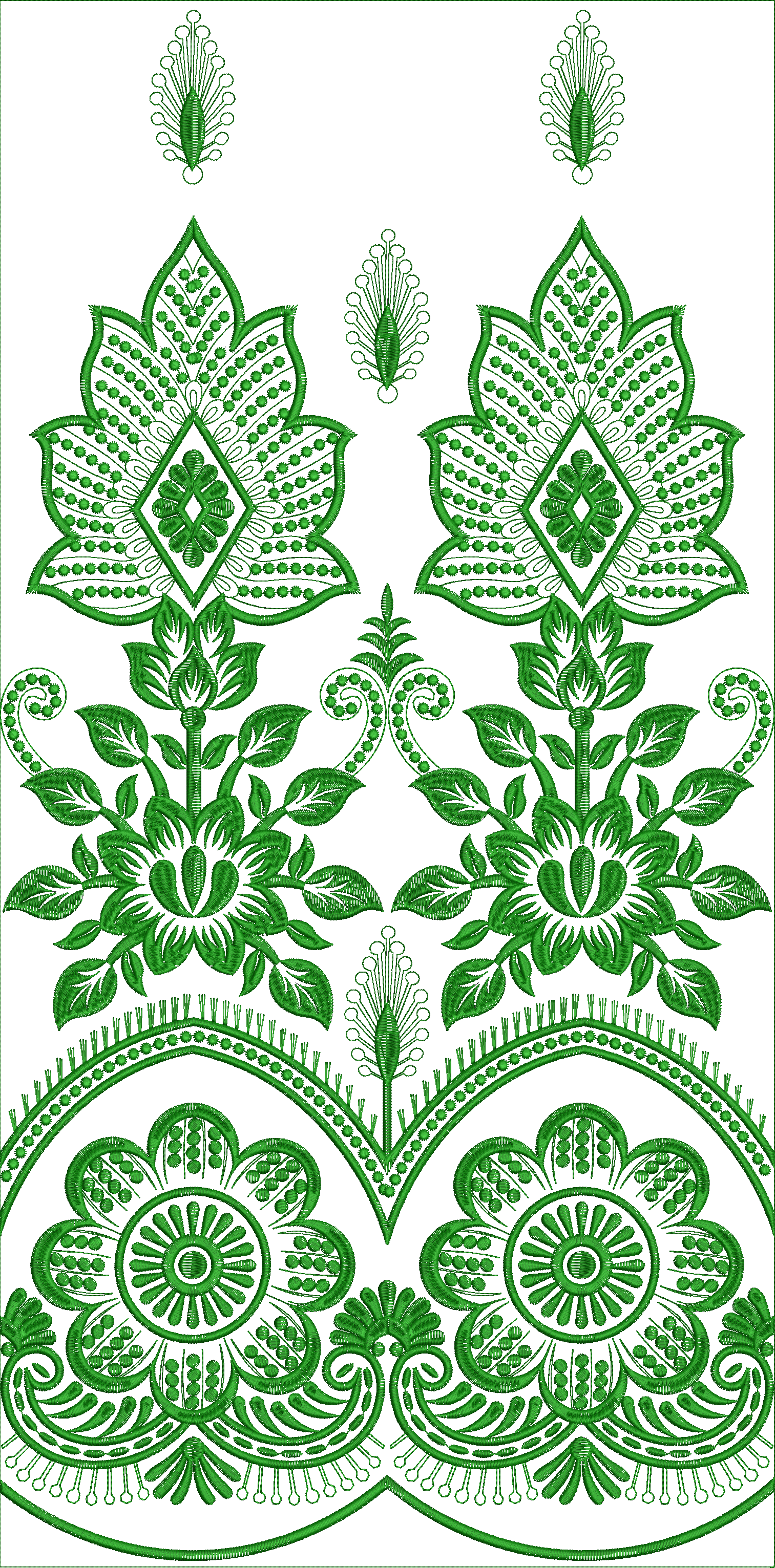 Embroidery design: A symmetrical green embroidery design featuring floral motifs, leaves, scrollwork, and a decorative border with a scallo