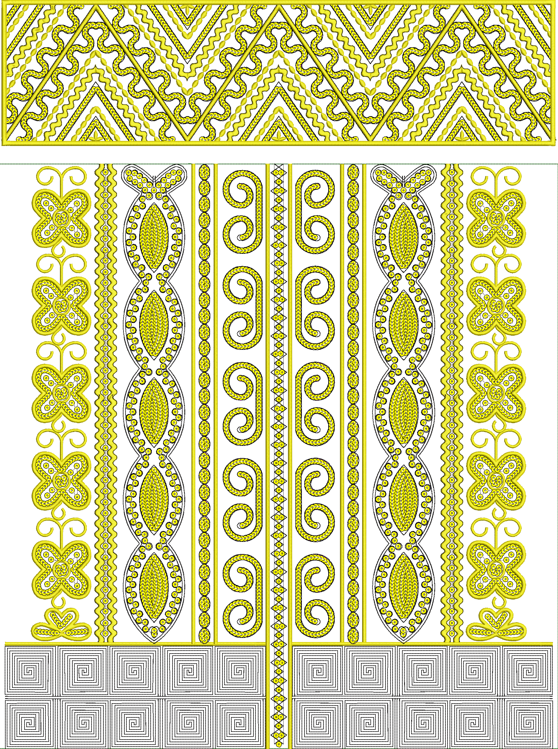 Embroidery design: A collection of decorative yellow embroidery designs featuring geometric borders, scrollwork, floral motifs, and diamond