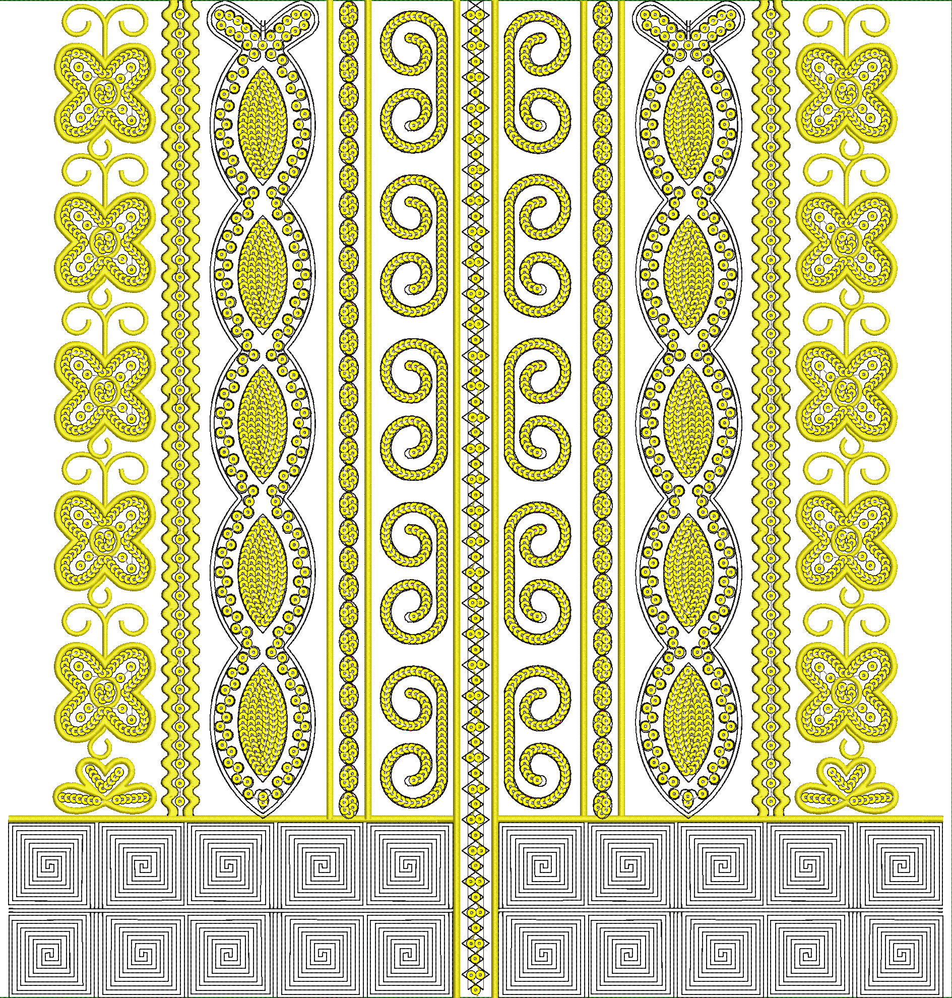 Embroidery design: A decorative embroidery design with yellow and black colors, featuring symmetrical and repeating geometric scrollwork, f