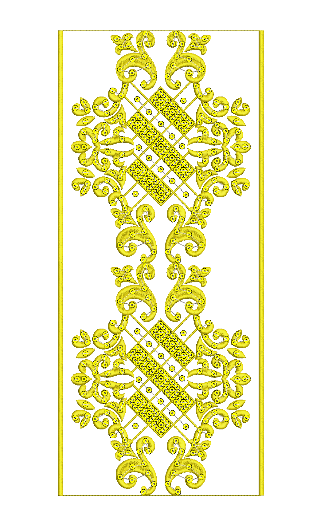 Embroidery design: A symmetrical and repeating golden embroidery design featuring scrollwork, lattice patterns with diamond shapes, and dec
