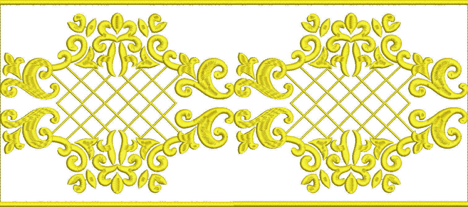 Embroidery design: A decorative embroidery border design in gold featuring symmetrical scrollwork, ornate flourishes, and a central lattice