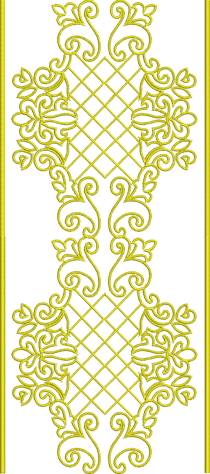 Embroidery design: A yellow embroidery design featuring a symmetrical, ornate panel with scrollwork and a lattice pattern. It is decorative