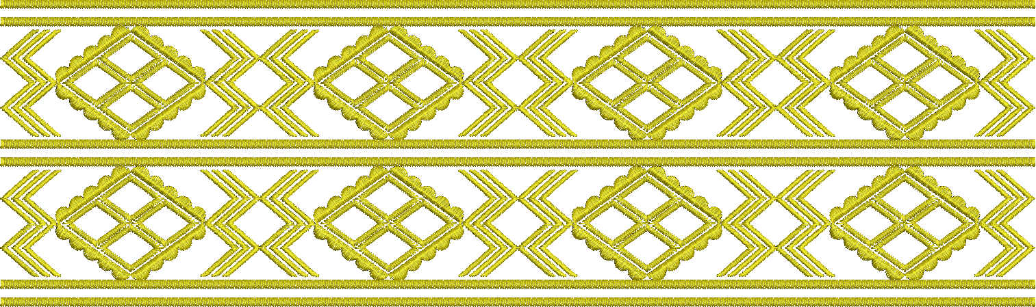 Embroidery design: A repeating horizontal border embroidery design with a geometric pattern featuring gold diamond shapes with scalloped ed